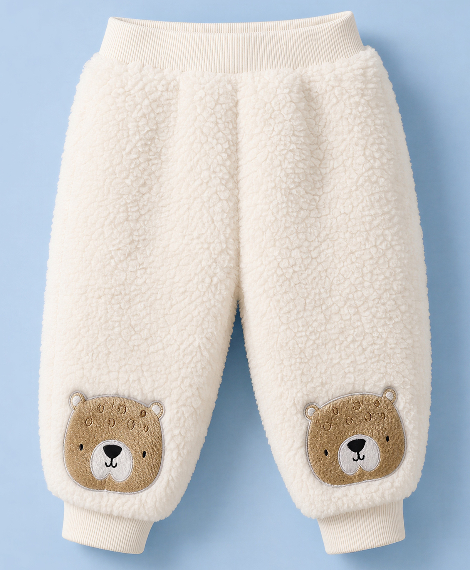Little Kangaroos Knit Full Length Fleece and Woollen Pant With Teddy Bear Patch - Off White