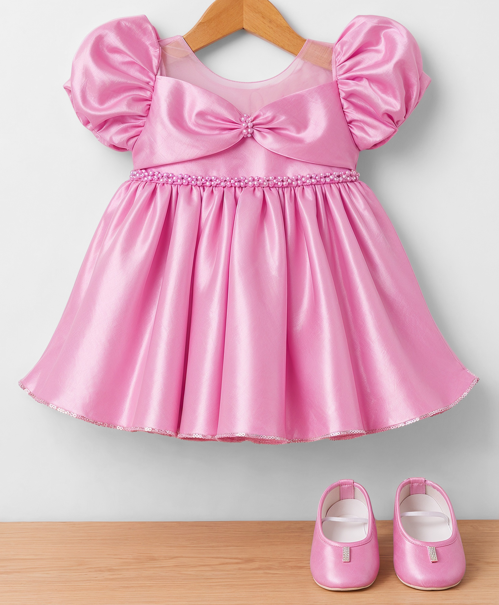 Blabber Satin Woven Half Puffed Sleeves Beads Embellished Bow Applique Detailed Knee Length Dress With Booties - Onion Pink-picture-19