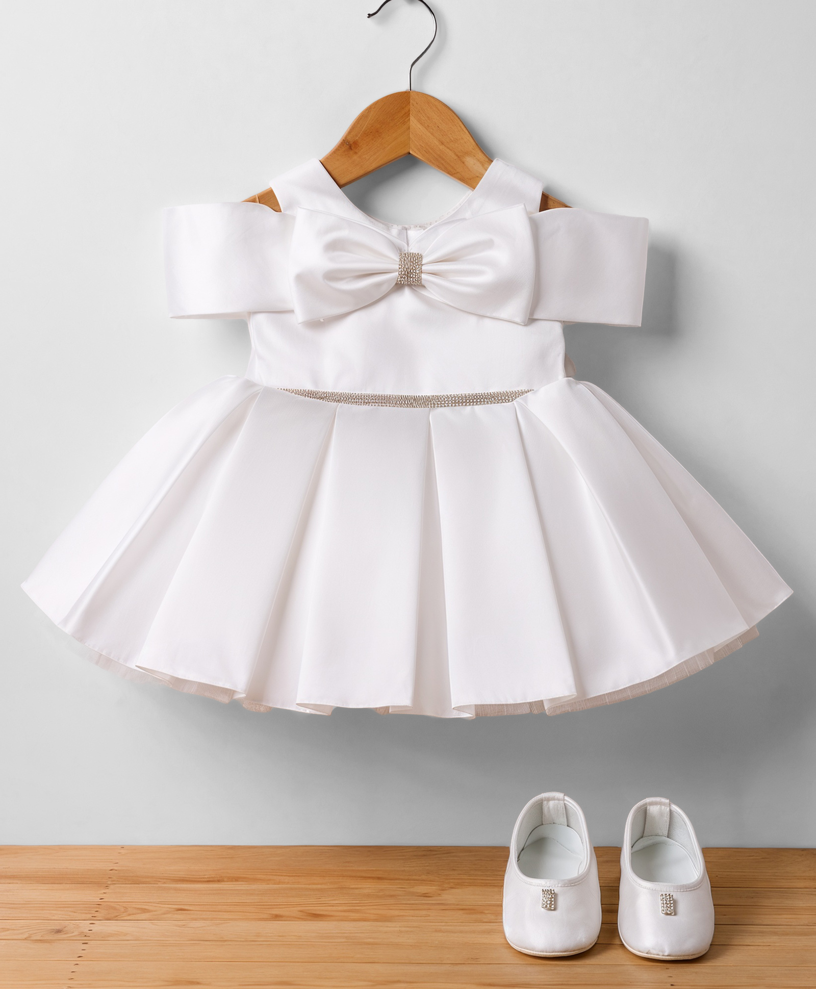 Blabber Satin Woven Half Cold Shoulder Sleeves Stone Embellished Bow Applique Detailed Pleated Knee Length Dress With Booties - White-image-47