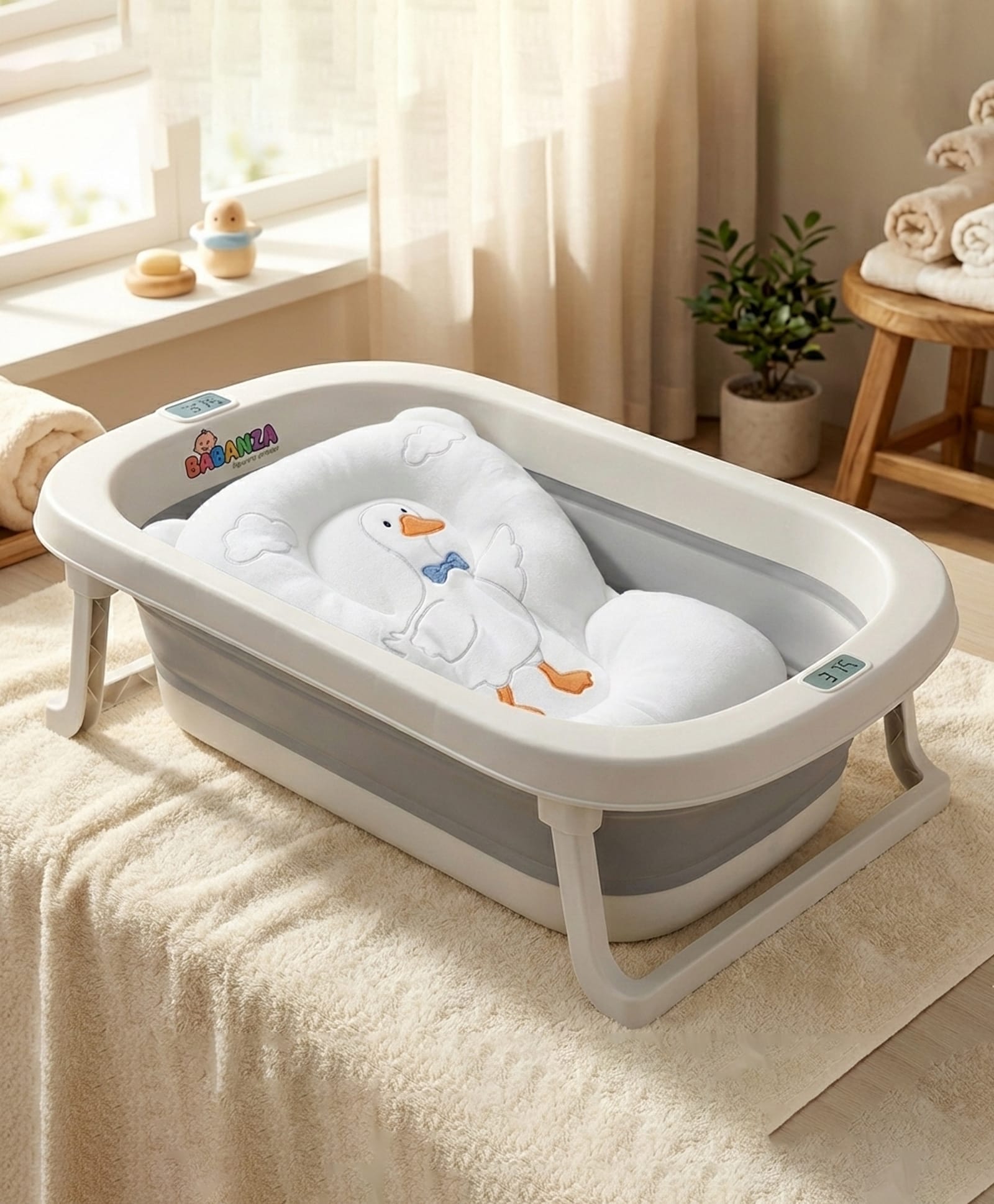 Babanza Foldable Bath Tub with Cushion and in built Thermometer Grey-picture-23