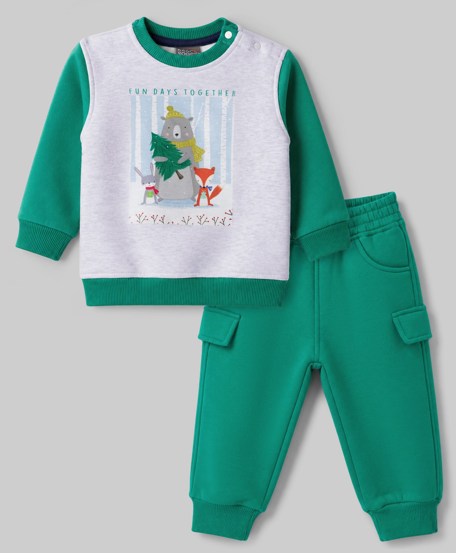 Little Kangaroos Fleece Knitted Full Sleeves Winter Wear Set With Animal Print - Green & White-picture-19
