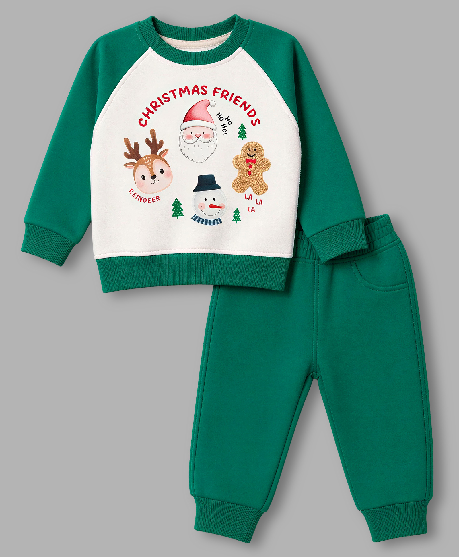Little Kangaroos Fleece Knit Full Sleeves Winter Wear Suits With Christmas Theme Print - Dark Green-picture-16