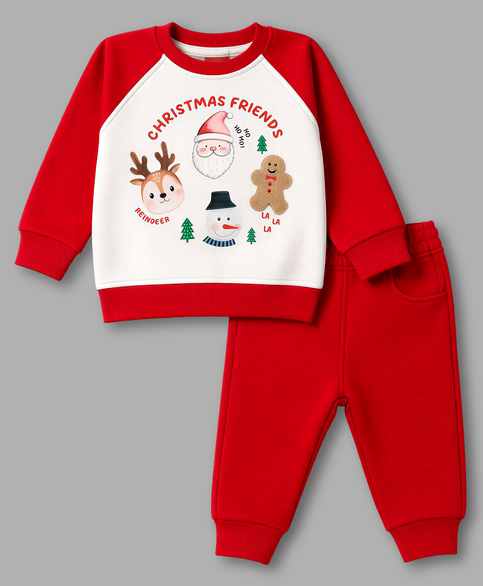 Little Kangaroos Fleece Knit Full Sleeves Winter Wear Suits With Christmas Theme Print - Red-image-41