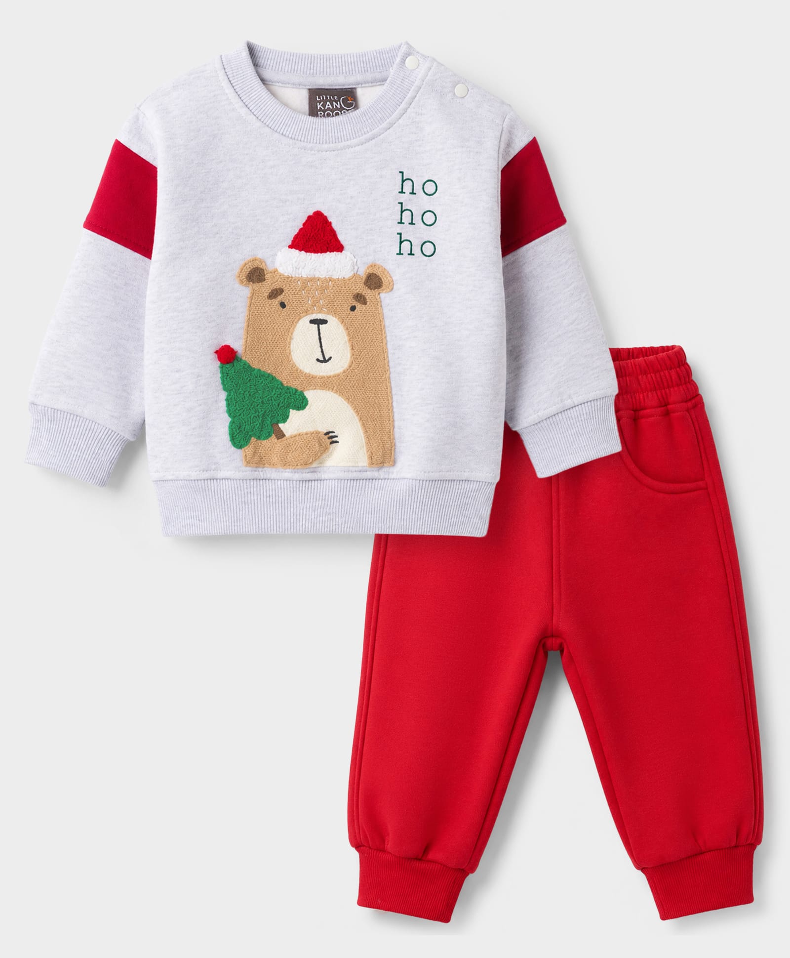 Little Kangaroos Fleece Knitted Full Sleeves Winter Wear Set With Animal Print - Red & White-image-38
