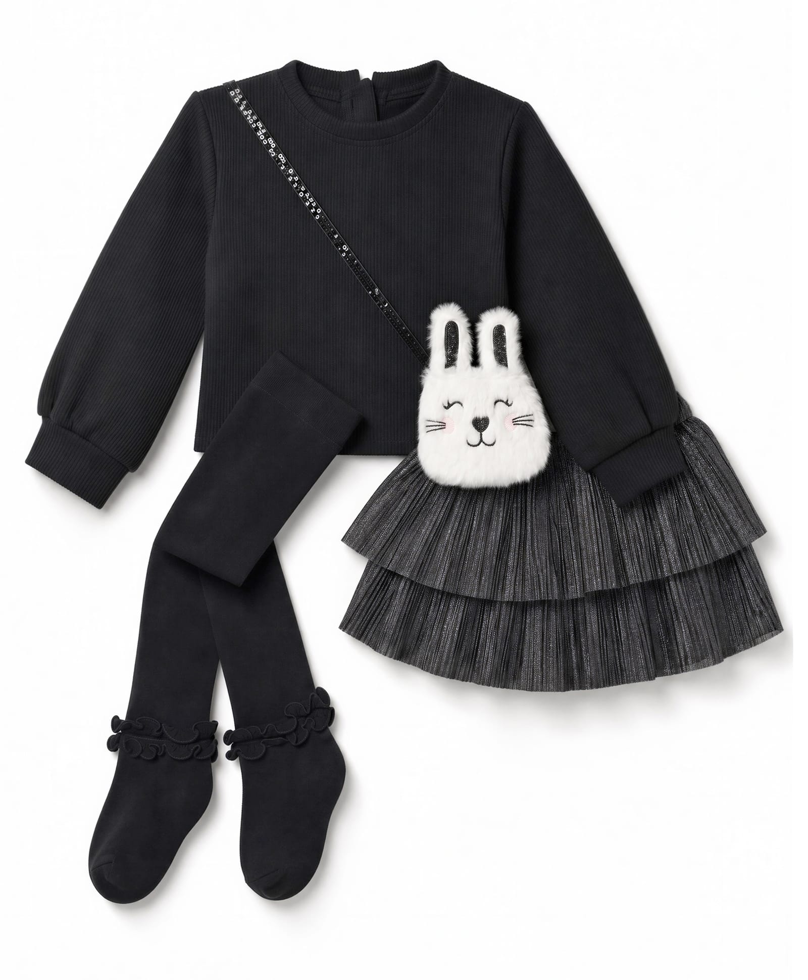 Little Kangaroos Fleece Knit Full Sleeves Solid Winter Wear Suit With Leggings & Sling Bag - Black-picture-14