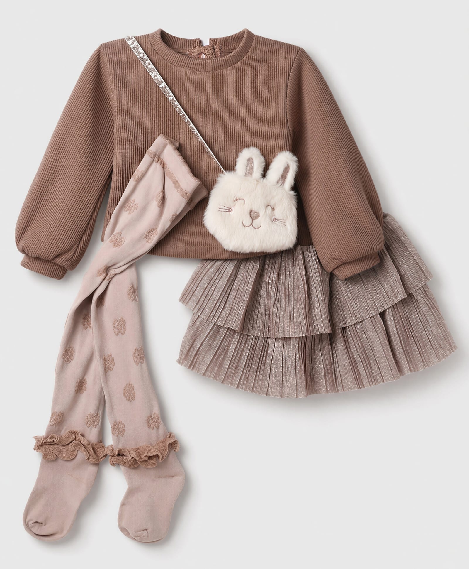 Little Kangaroos Fleece Knit Full Sleeves Solid Winter Wear Suit With Leggings & Sling Bag - Brown-image-40