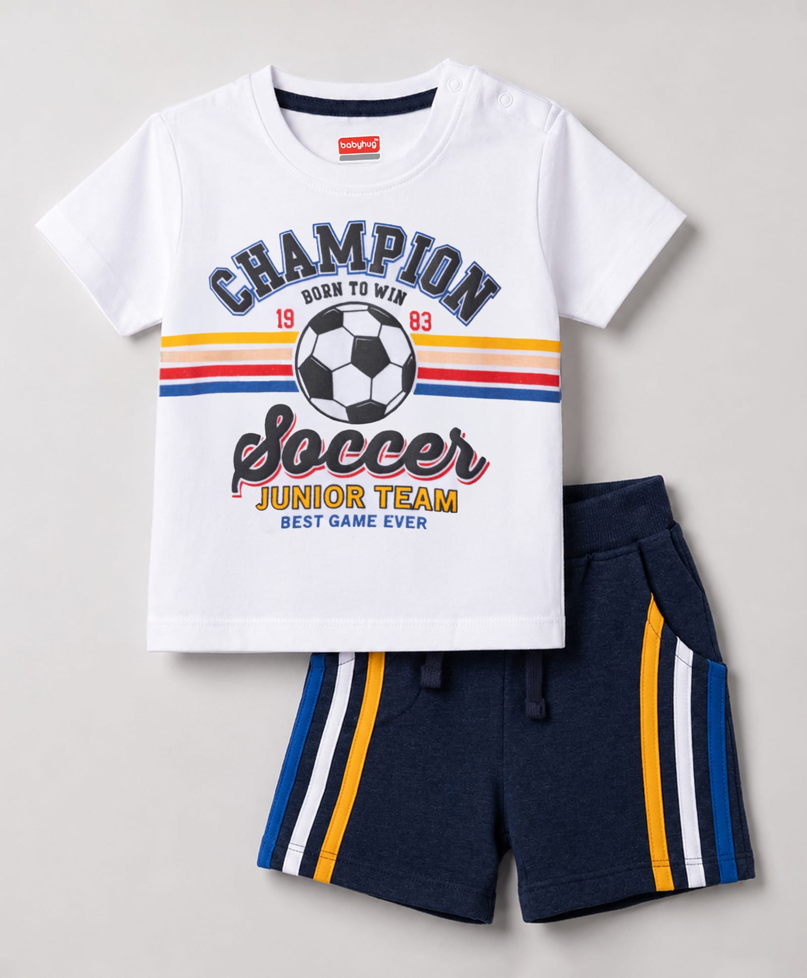 Babyhug 100% Cotton Knit Half Sleeves Text Printed T-Shirt & Shorts Set - White & Navy Blue-image-41