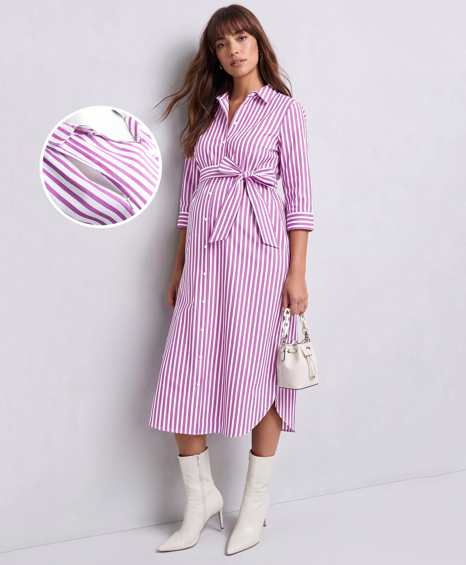 Bella Mama Woven Three Forth Sleeves Striped Maternity Shirt Dress - Mauve-image-27