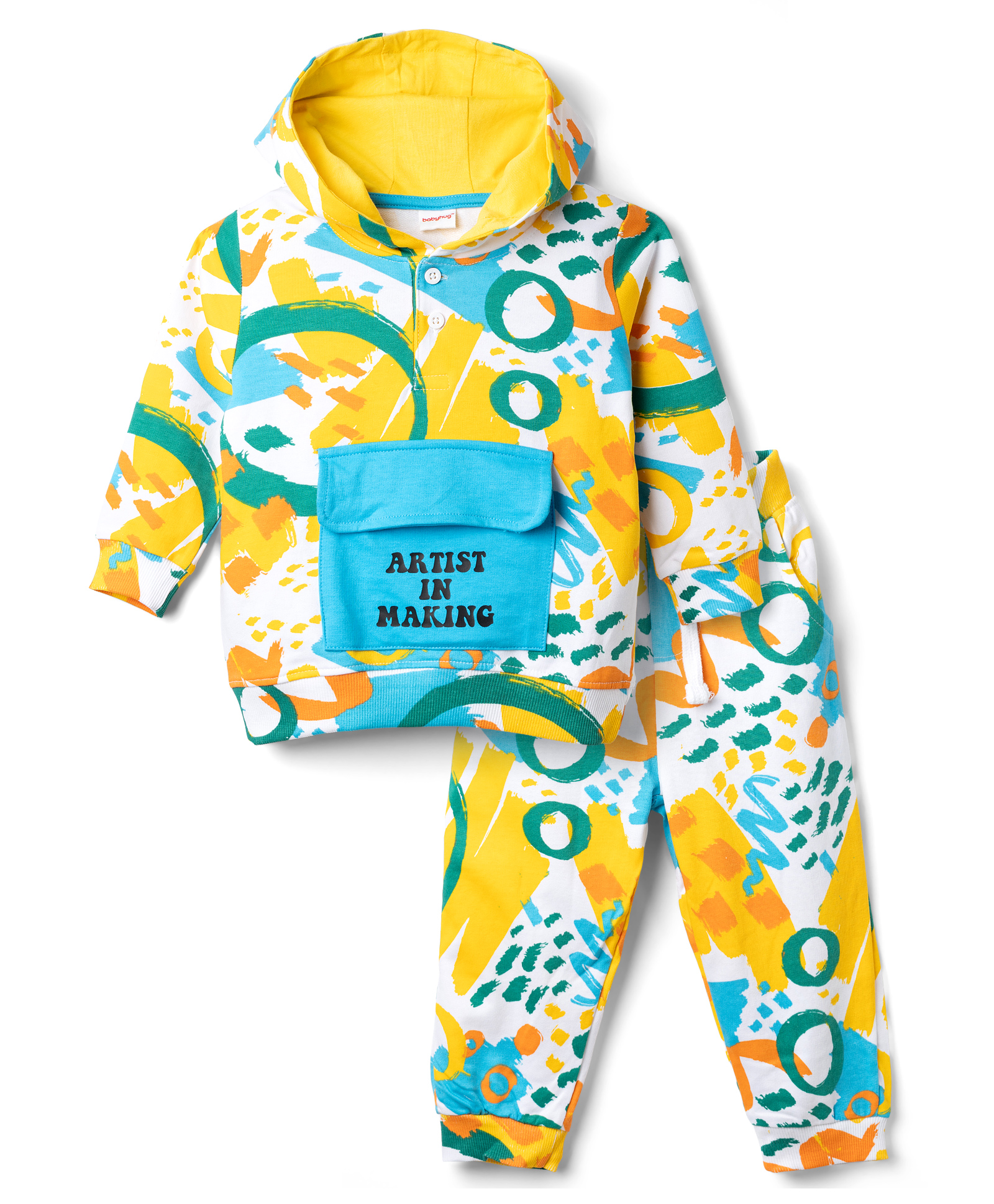 Babyhug Terry Knit Full Sleeves Hooded T-Shirt & Jogger Set Abstract Print - Yellow Blue-image-24