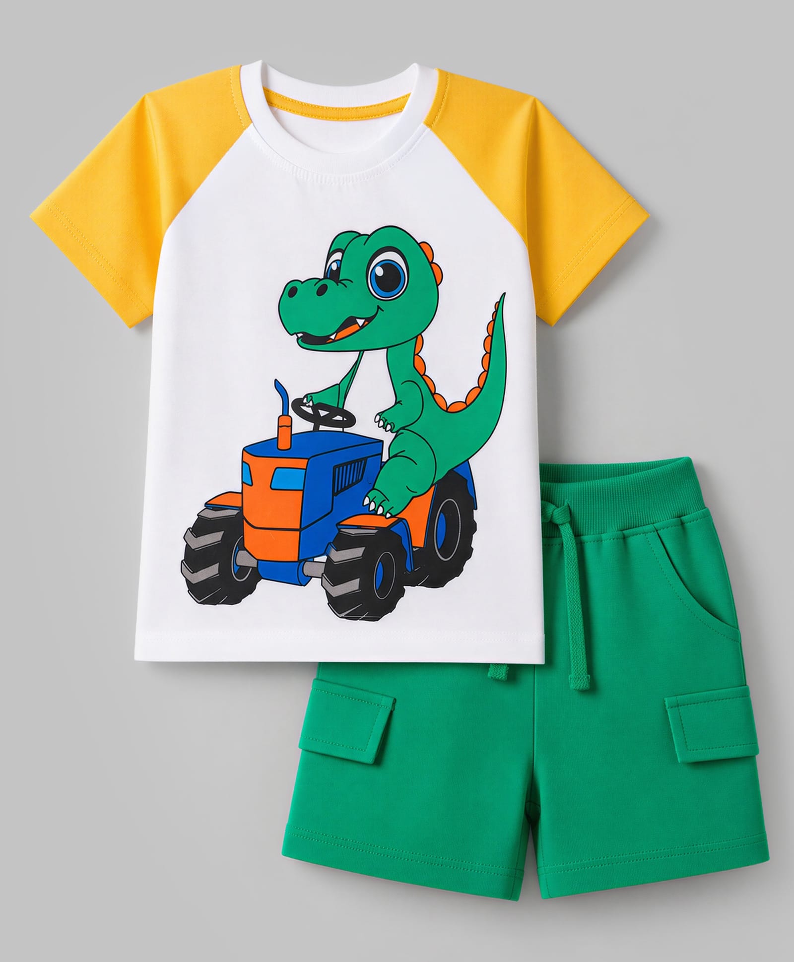 Babyhug 100% Cotton Knit Half Raglan Sleeves Dino & Tractor Printed T-Shirt & Shorts Set - Green & Yellow-image-1