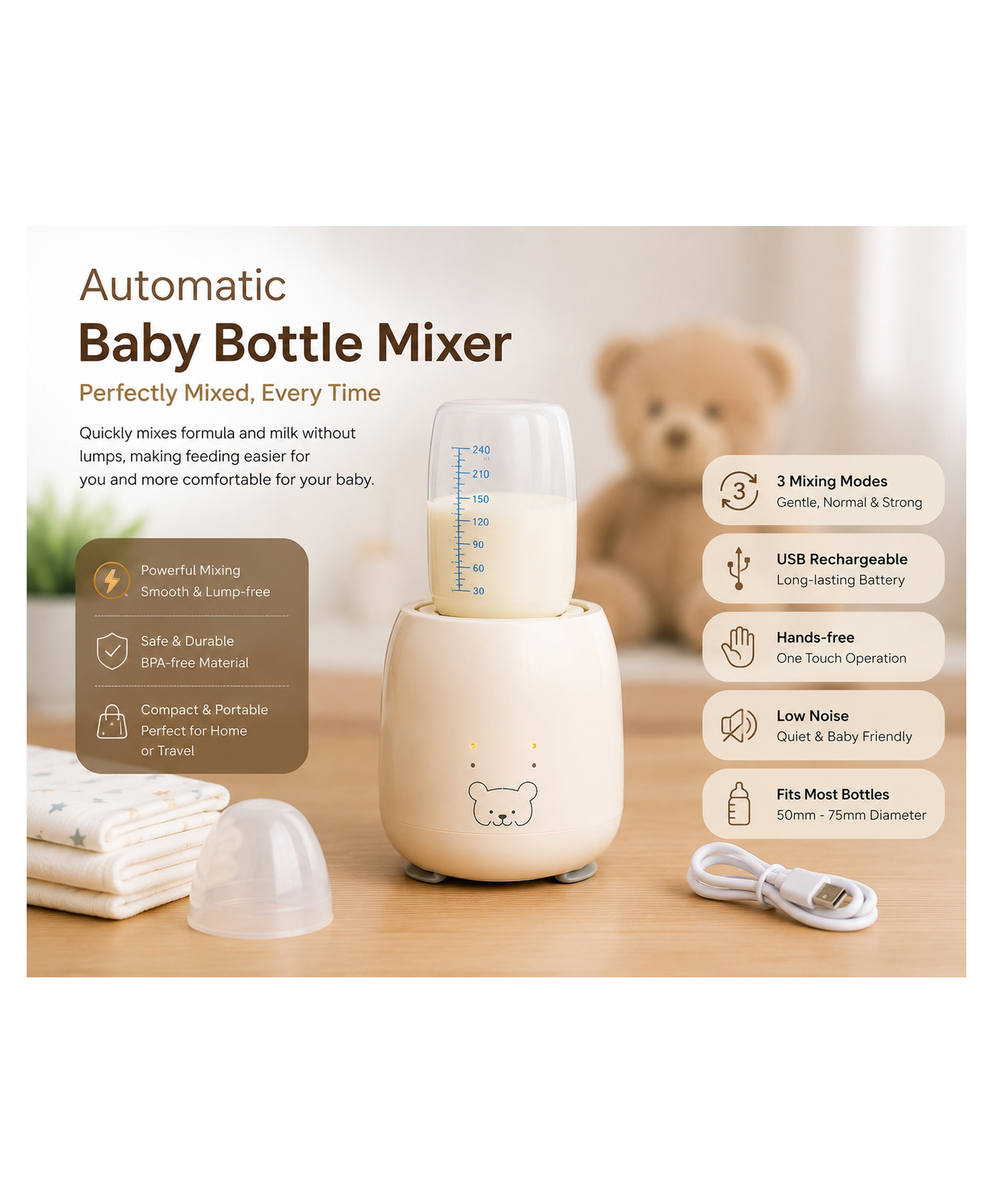 ARCADE TOYS Baby Milk Bottle Shaker Automatic USB Rechargeable Hands-Free Milk Blender Mixer (Multicolour)-image-12