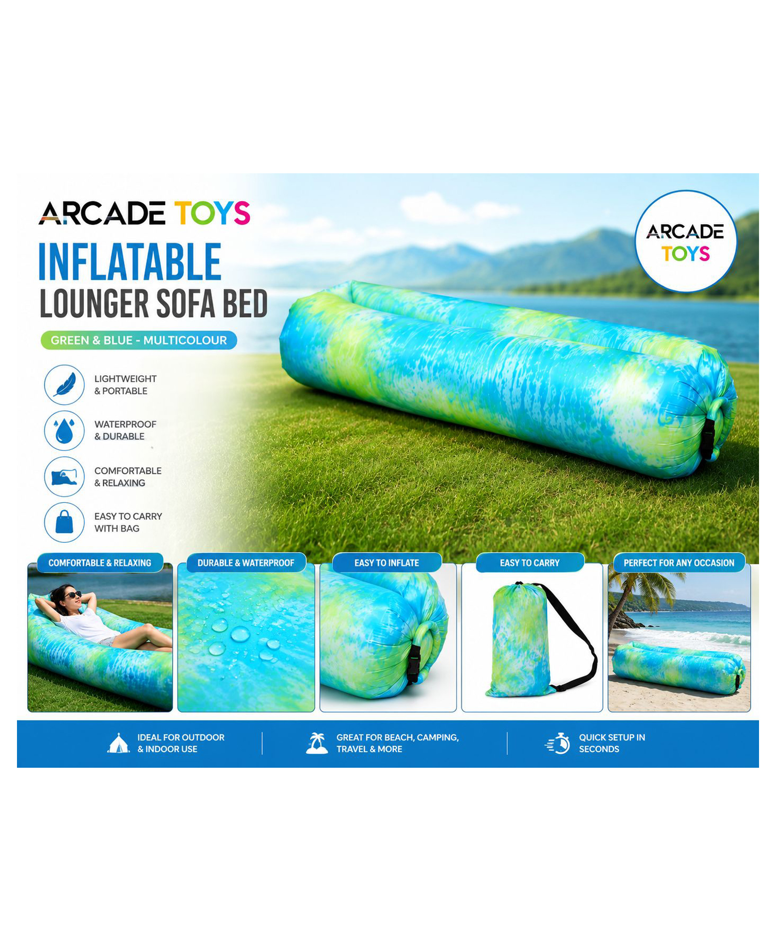 ARCADE TOYS Inflatable Lounger Sofa Bed | Portable Air Lounge Chair for Outdoor & Indoor Use | Green & Blue | Multicolour-image-44