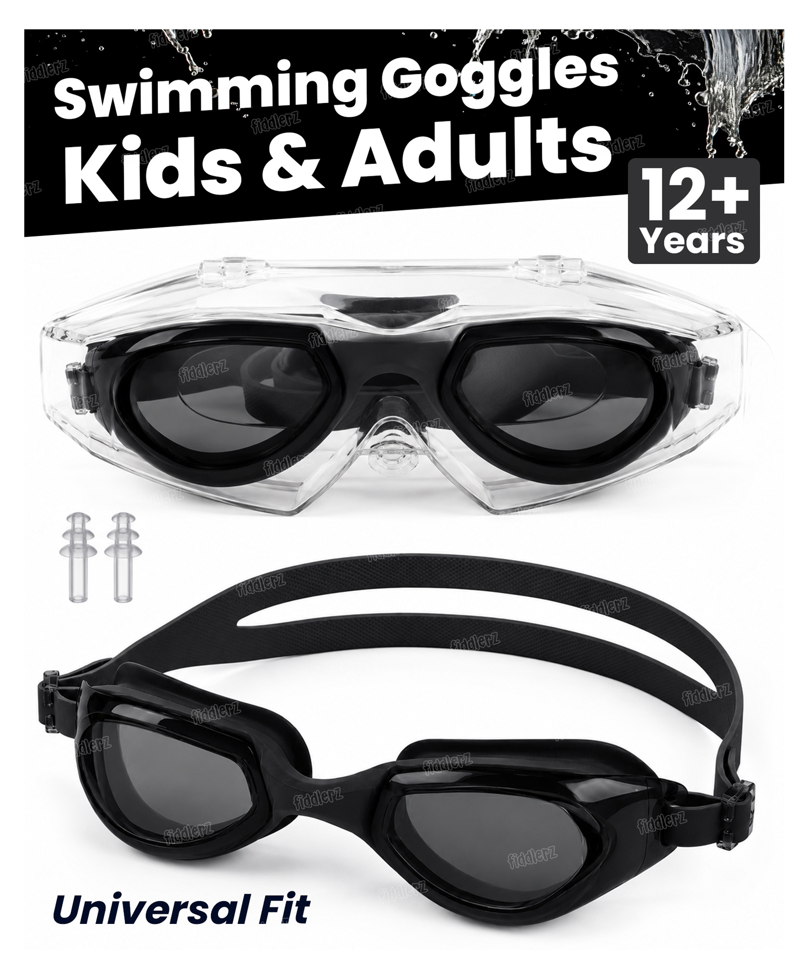 Fiddlerz Swimming Goggles for Kids and Adults with Adjustable Strap Anti-Fog UV Protection Lens Air Tight Comfortable Silicone Frame for Swimming Pool - Black-image-5