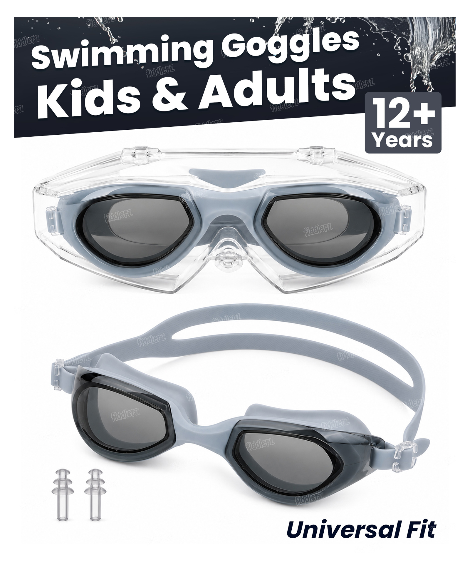 Fiddlerz Swimming Goggles for Kids and Adults with Adjustable Strap Anti-Fog UV Protection Lens Air Tight Comfortable Silicone Frame for Swimming Pool - Grey-image-28