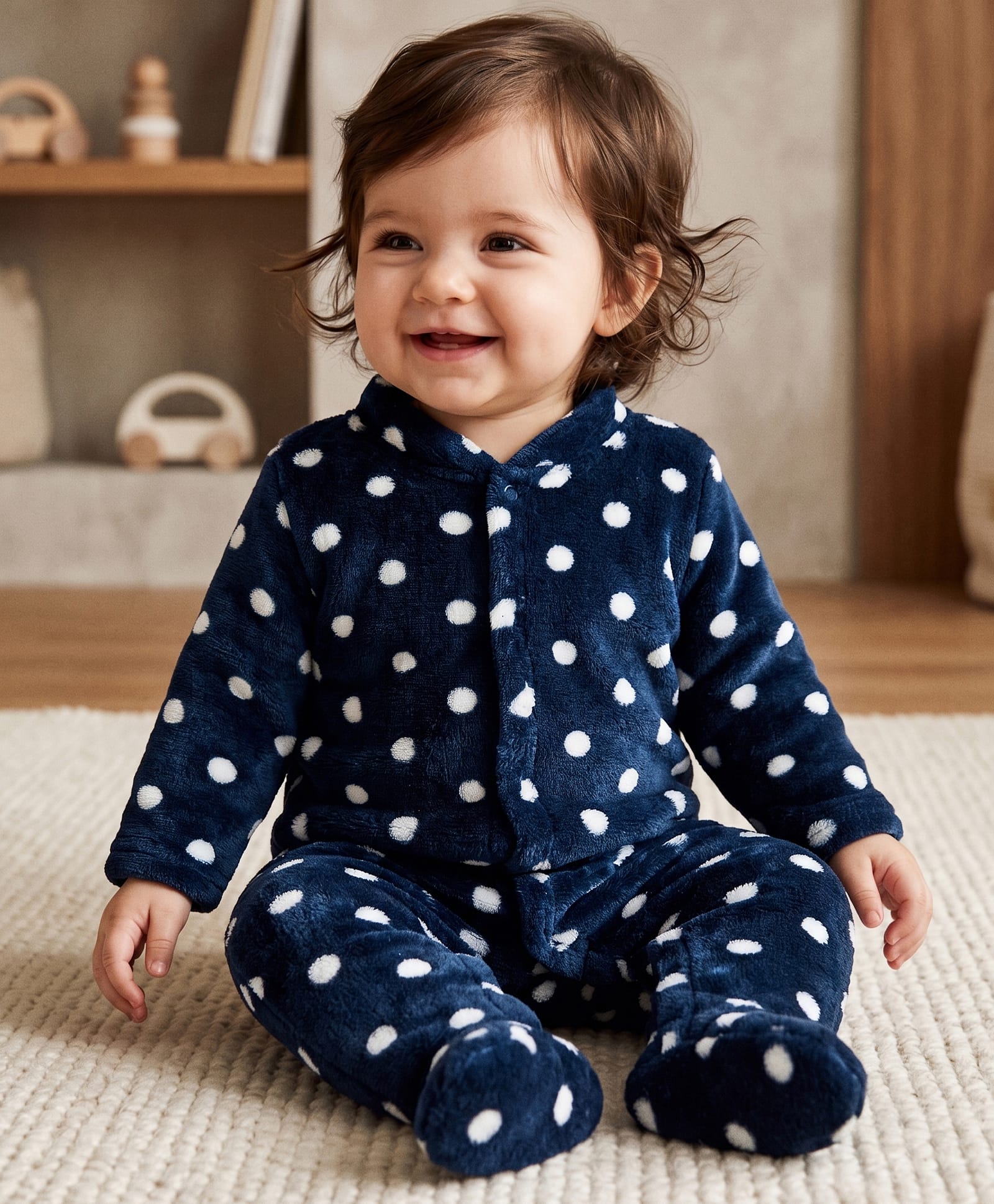 Babyhug Cotton Knit Full Sleeves Winter Wear Sleep Suit with Polka Dots Print - Navy Blue-image-35