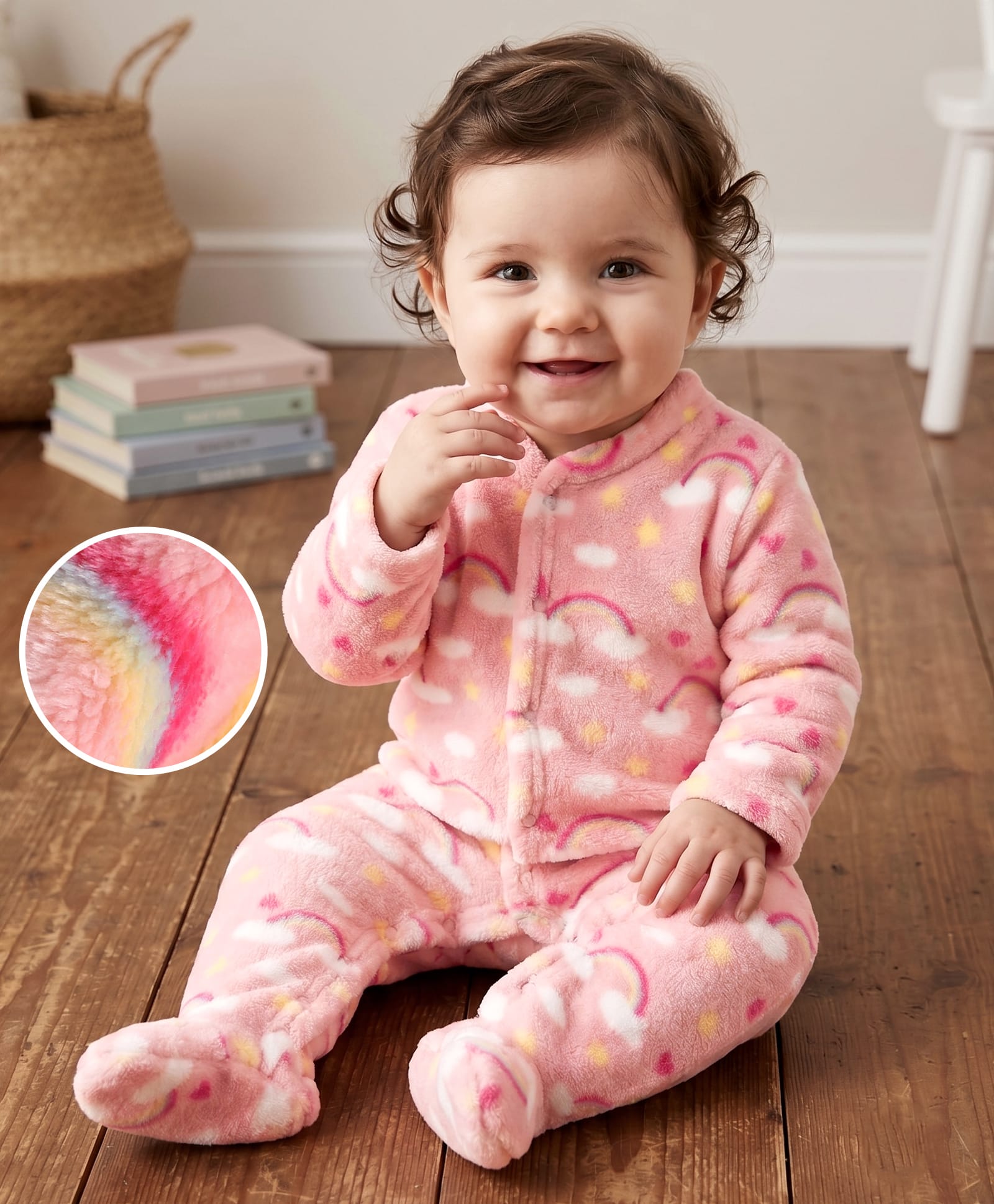 Babyhug Cotton Knit Full Sleeves Winter Wear Sleep Suit with Rainbow & Star Print - Pink-image-38