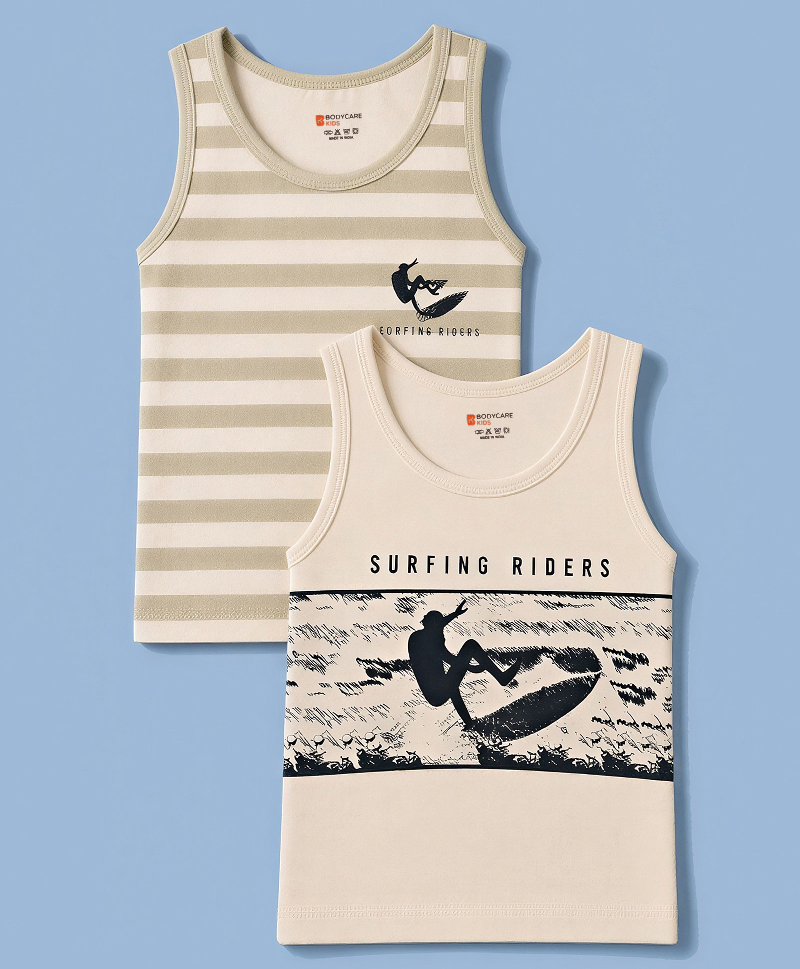 Bodycare Knitted Sleeveless Vest with Stripes & Surfing Print Pack of 2- Tan-image-17