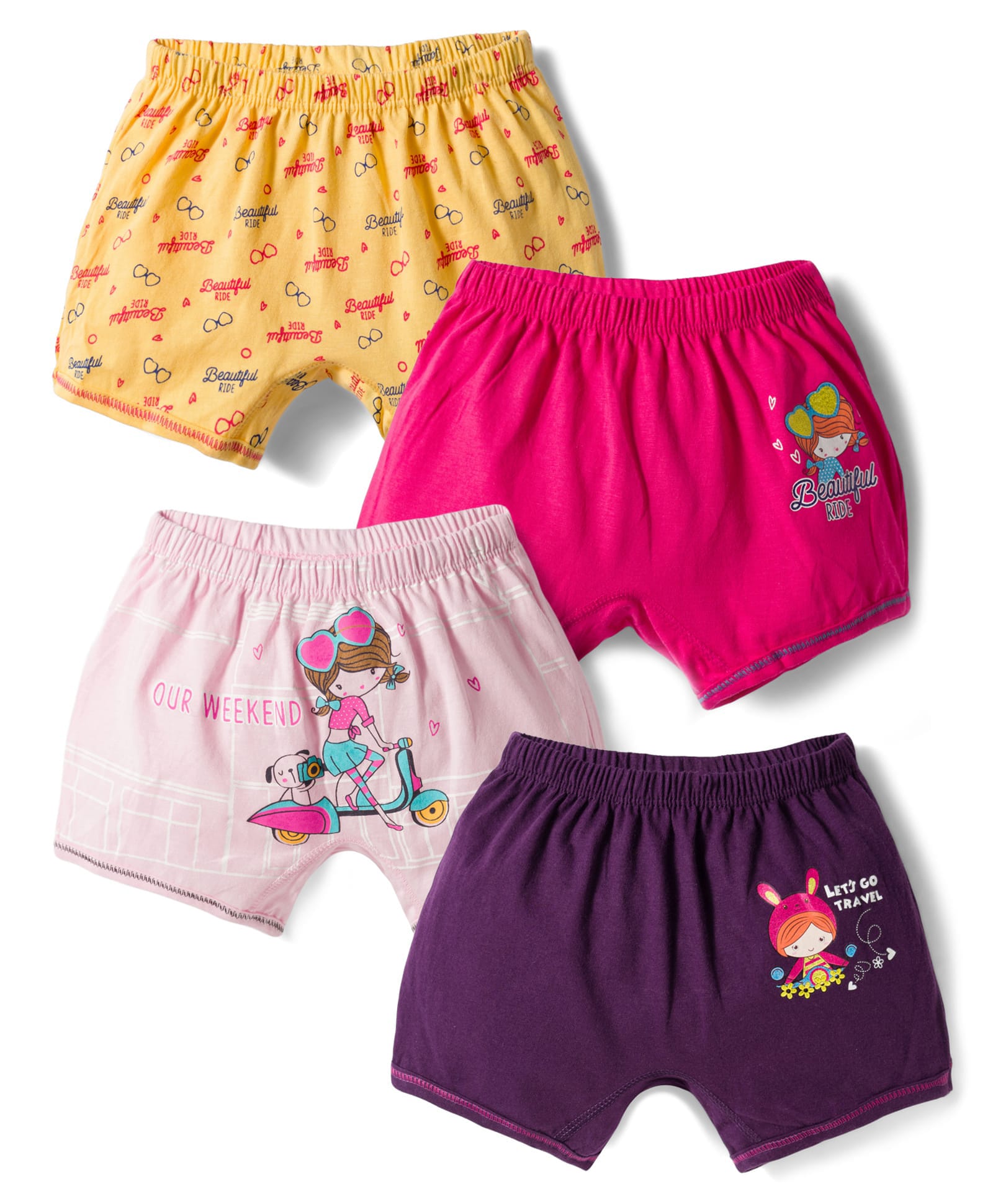 Bodycare Knit Text & Doll Printed Shorts Pack of 4 - Yellow & Dark Pink-image-27