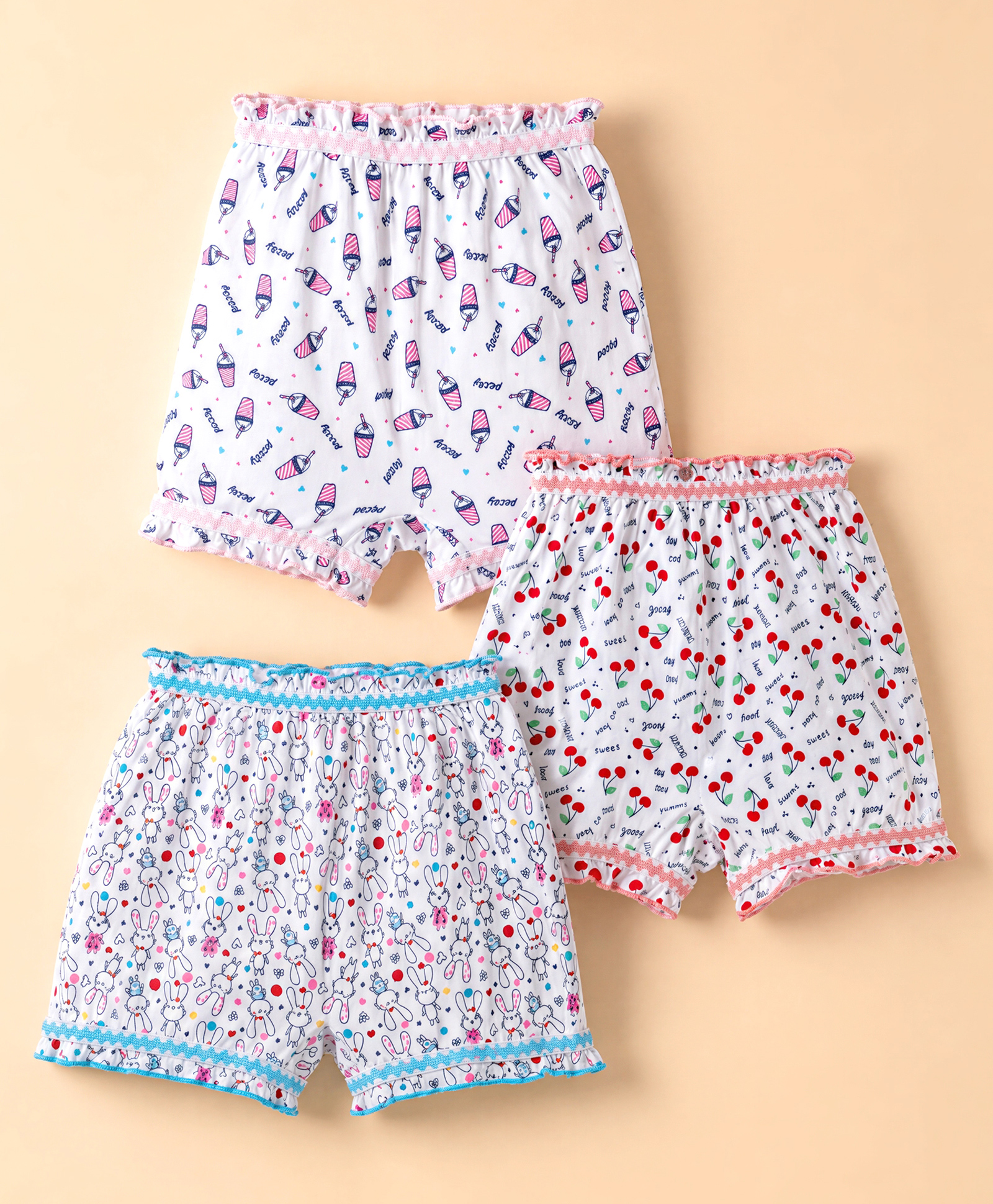 Bodycare Knitted Bloomers With Cherry & Bunny Print Pack of 3 - White-picture-38