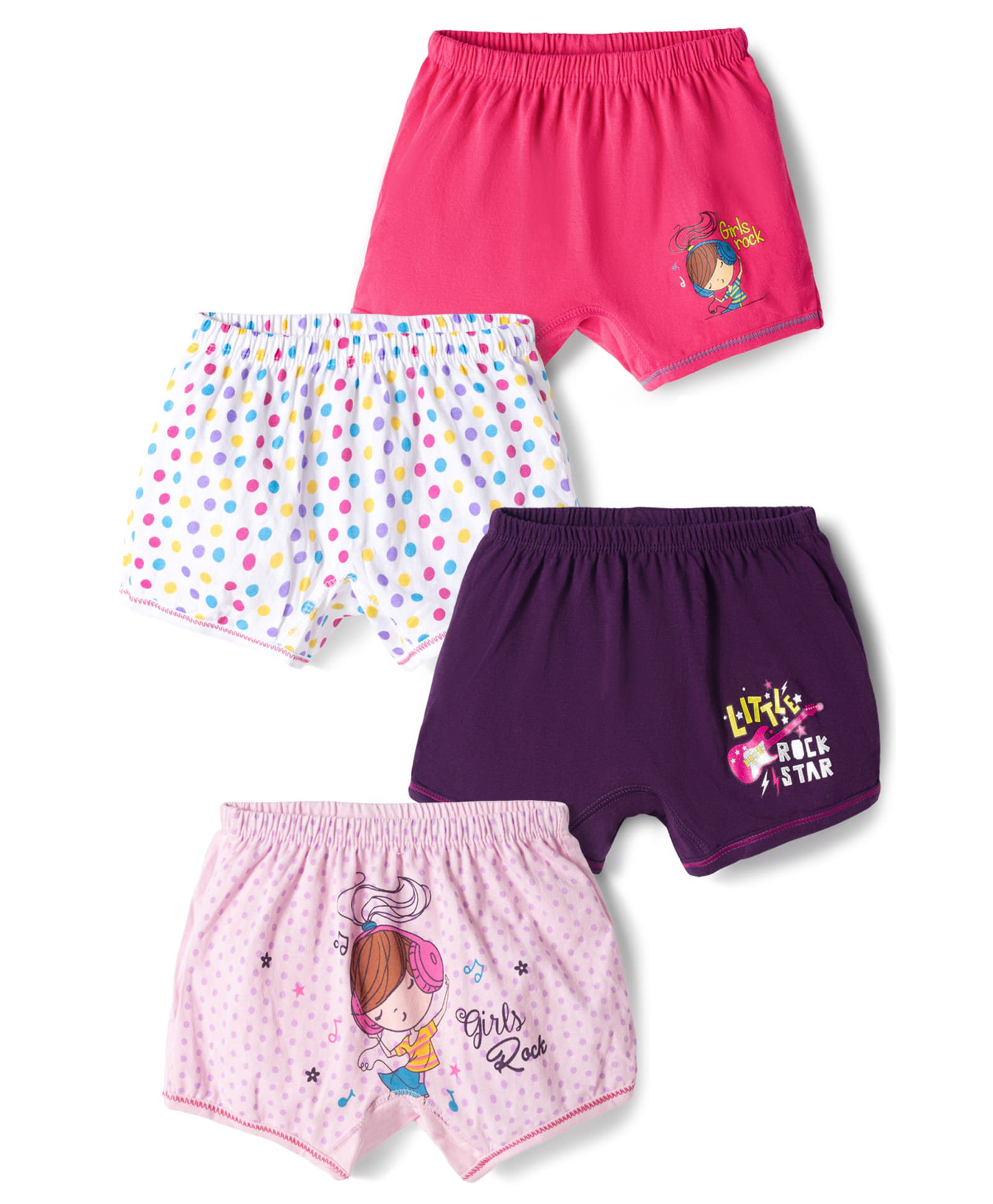 Bodycare Knit Polka Dots & Doll Printed Shorts Pack of 4 - Dark Pink & White-image-29
