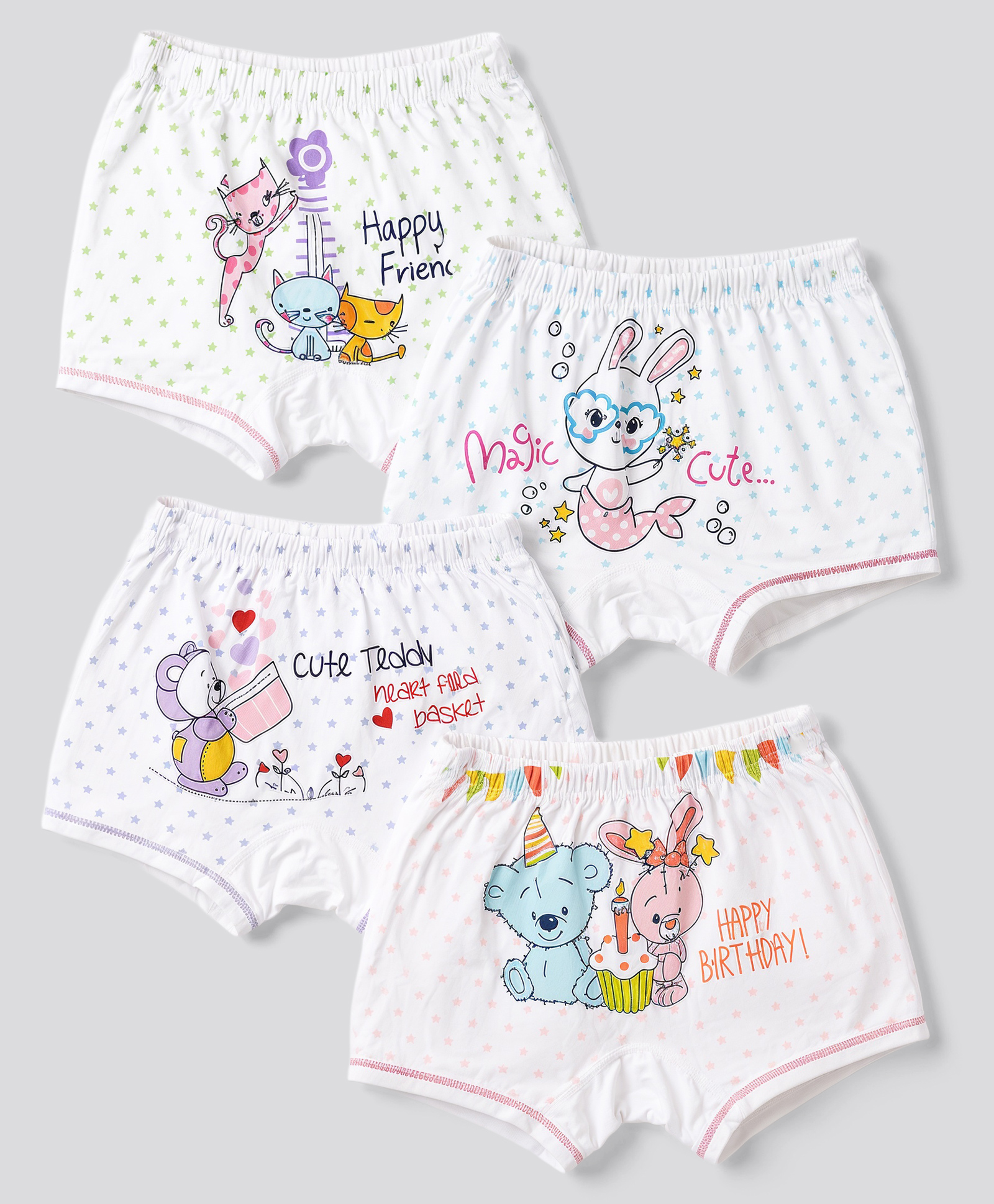 Bodycare Knit Bunny Bear & Kitten Printed Shorts Pack of 4 - White-picture-26