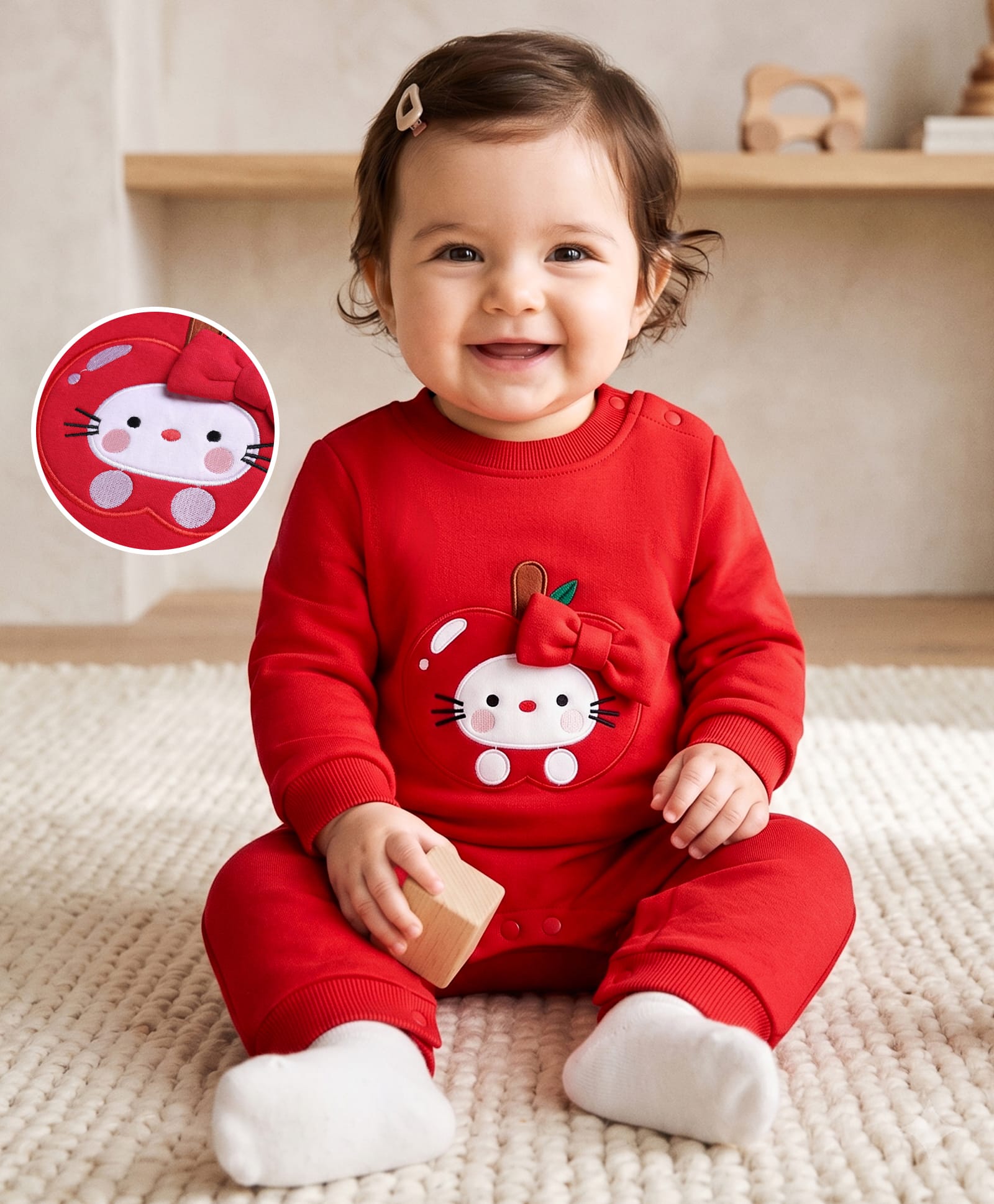 Mark & Mia Cotton Full Sleeves Winter Wear Romper With Kitty & Bow Applique - Red-picture-19