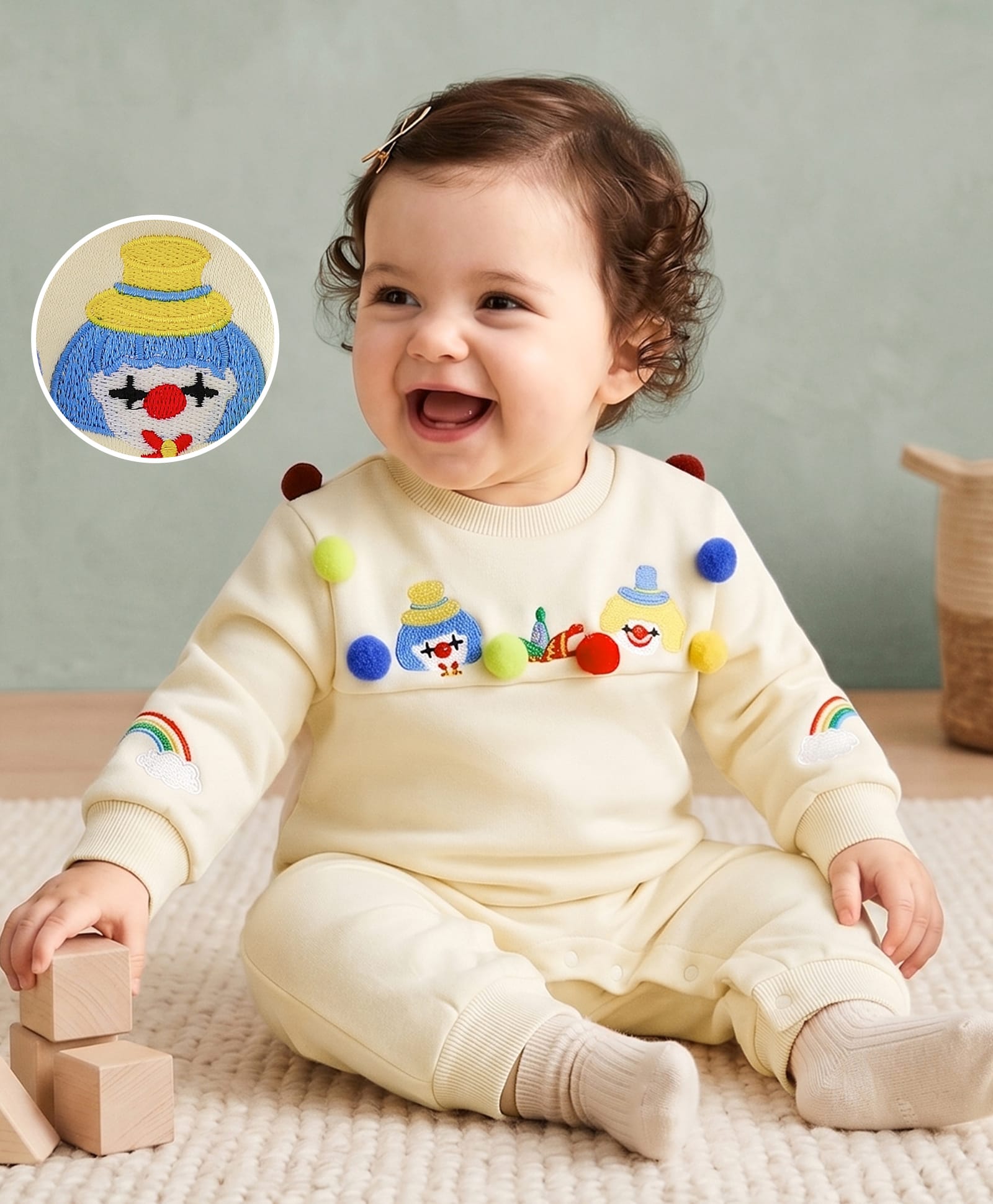 Mark & Mia Cotton Full Sleeves Winter Wear Romper With Joker Embroidery - Cream-picture-16