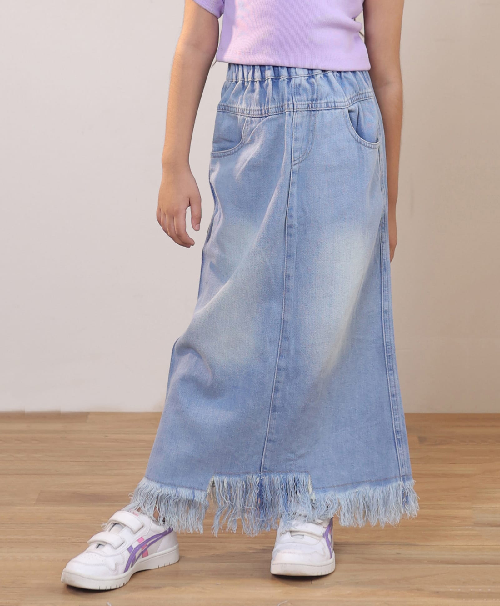 Shorgul Denim Woven Distressed Solid Skirt - Blue-picture-13
