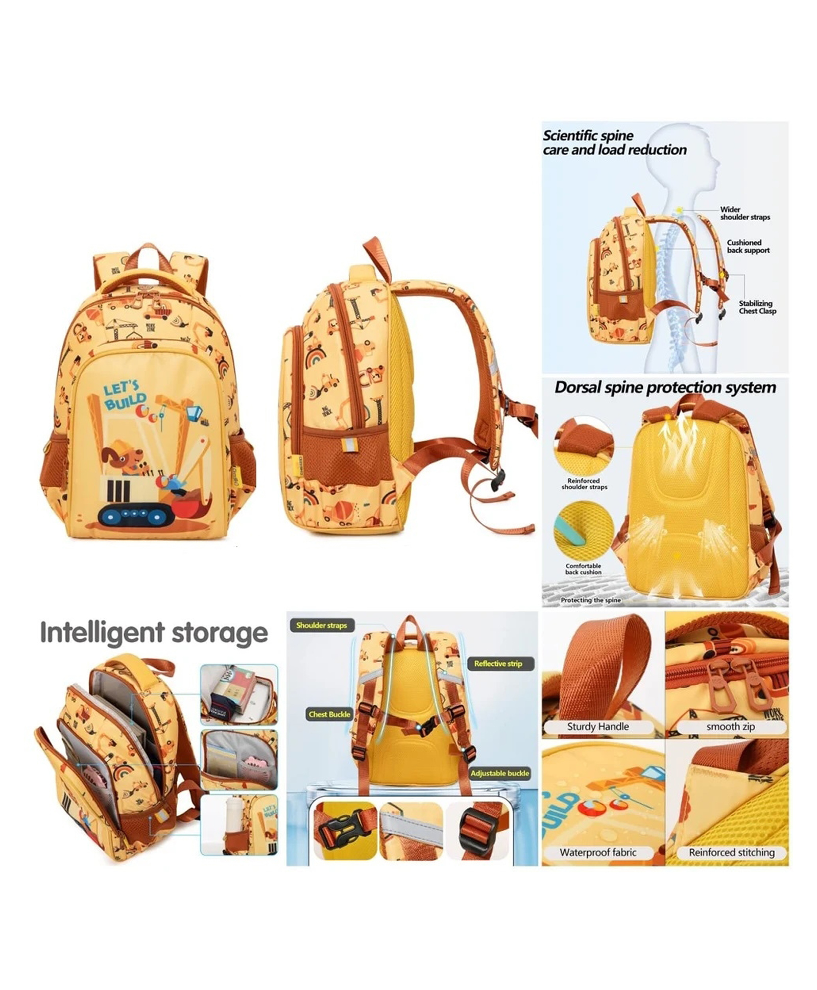 Azhari 10 Inches Construction Printed Lightweight Backpack Multi Pocket Bag for Kids Pack of 1 Color May Vary-image-4