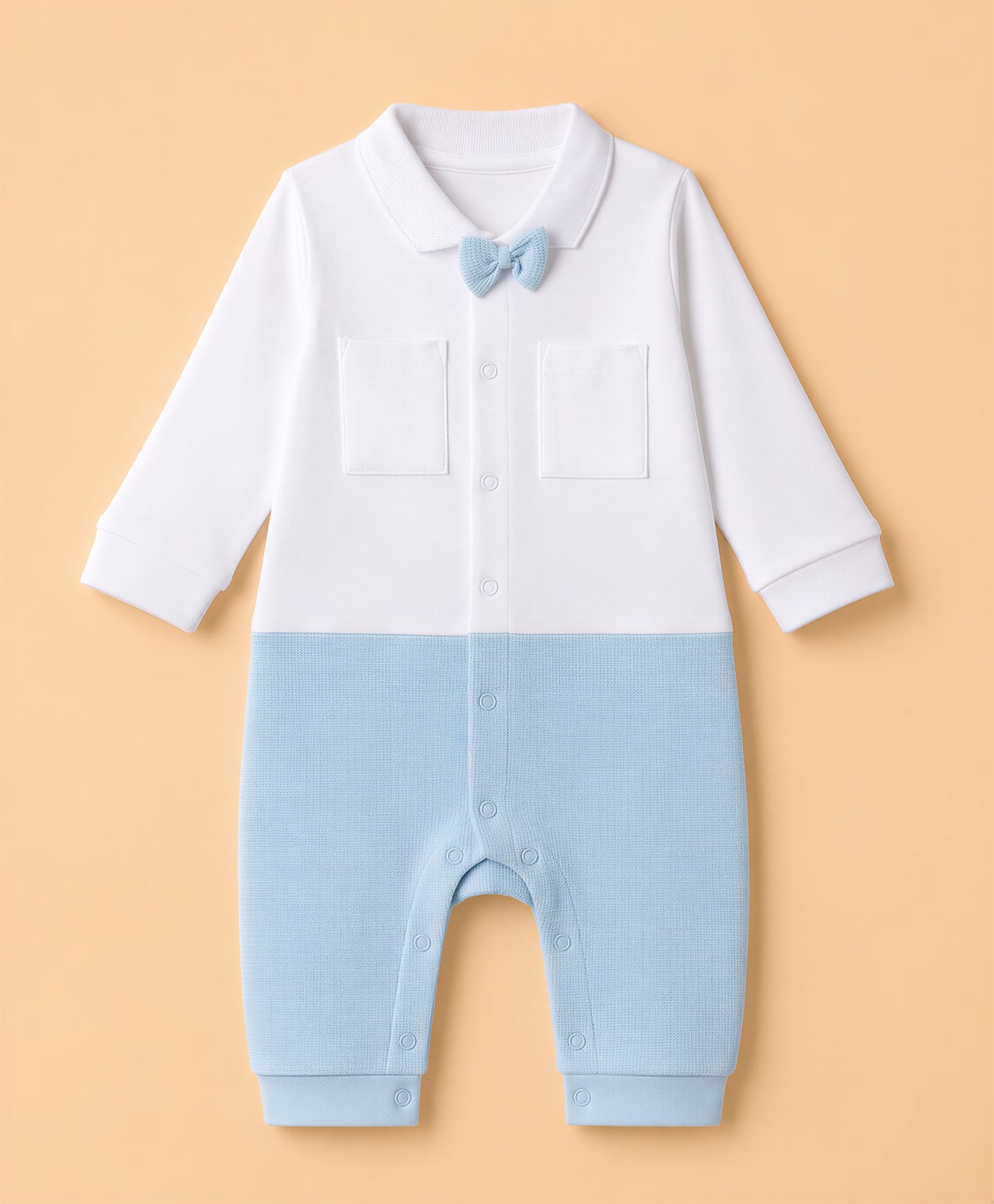 Babyhug Interlock Woven Full Sleeves Colour Block Party Wear Romper with Attached Bow - White & Light Blue-image-18