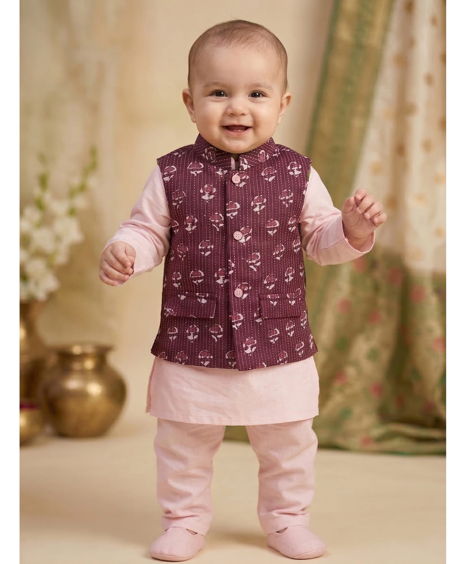 Pspeaches Cambric Woven Full Sleeves Solid Kurta & Pyjama Set With Abstract Printed Jacket - Pink-picture-37