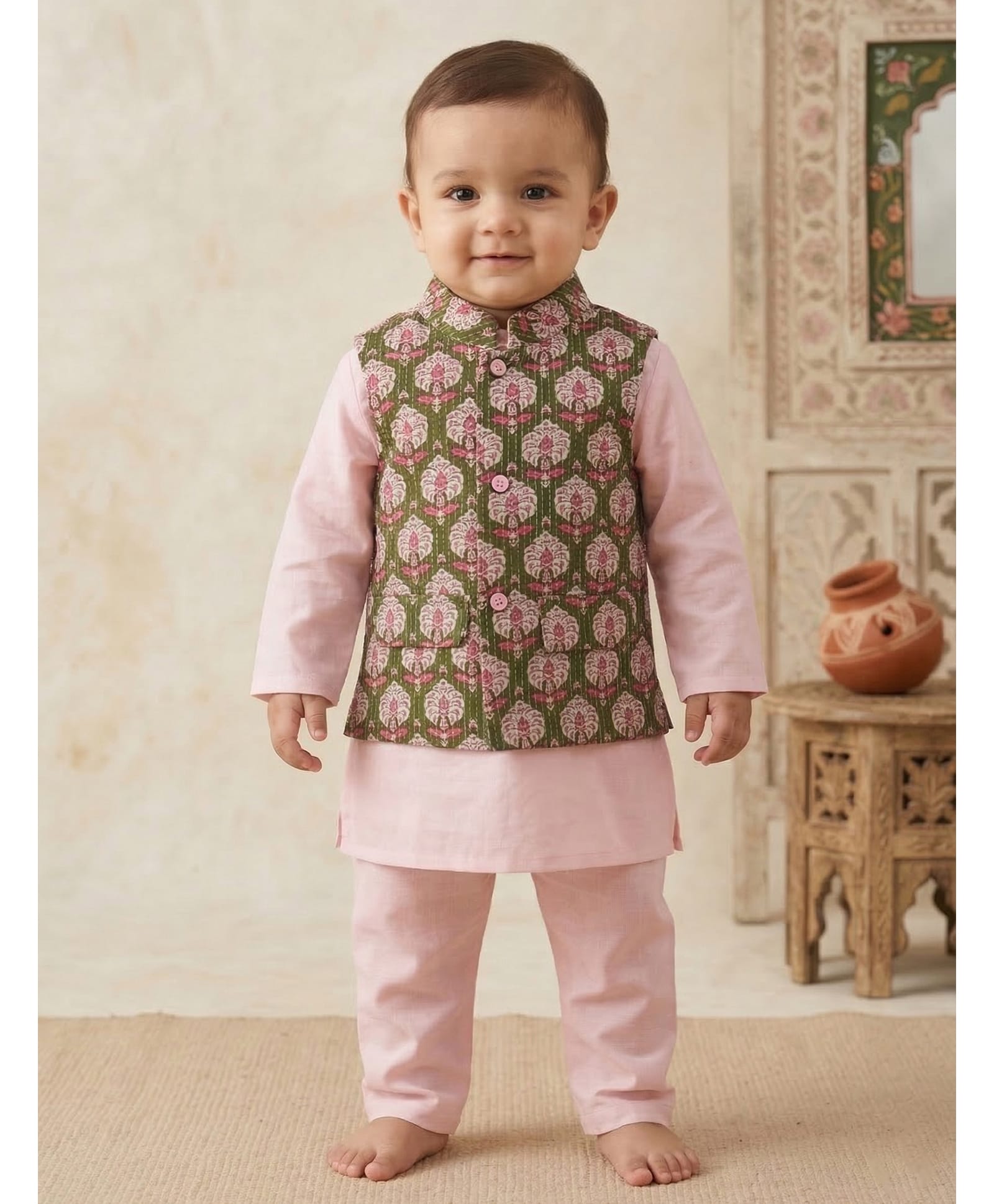 Pspeaches Cambric Woven Full Sleeves Solid Kurta & Pyjama Set With Floral Printed Jacket - Pink-picture-28