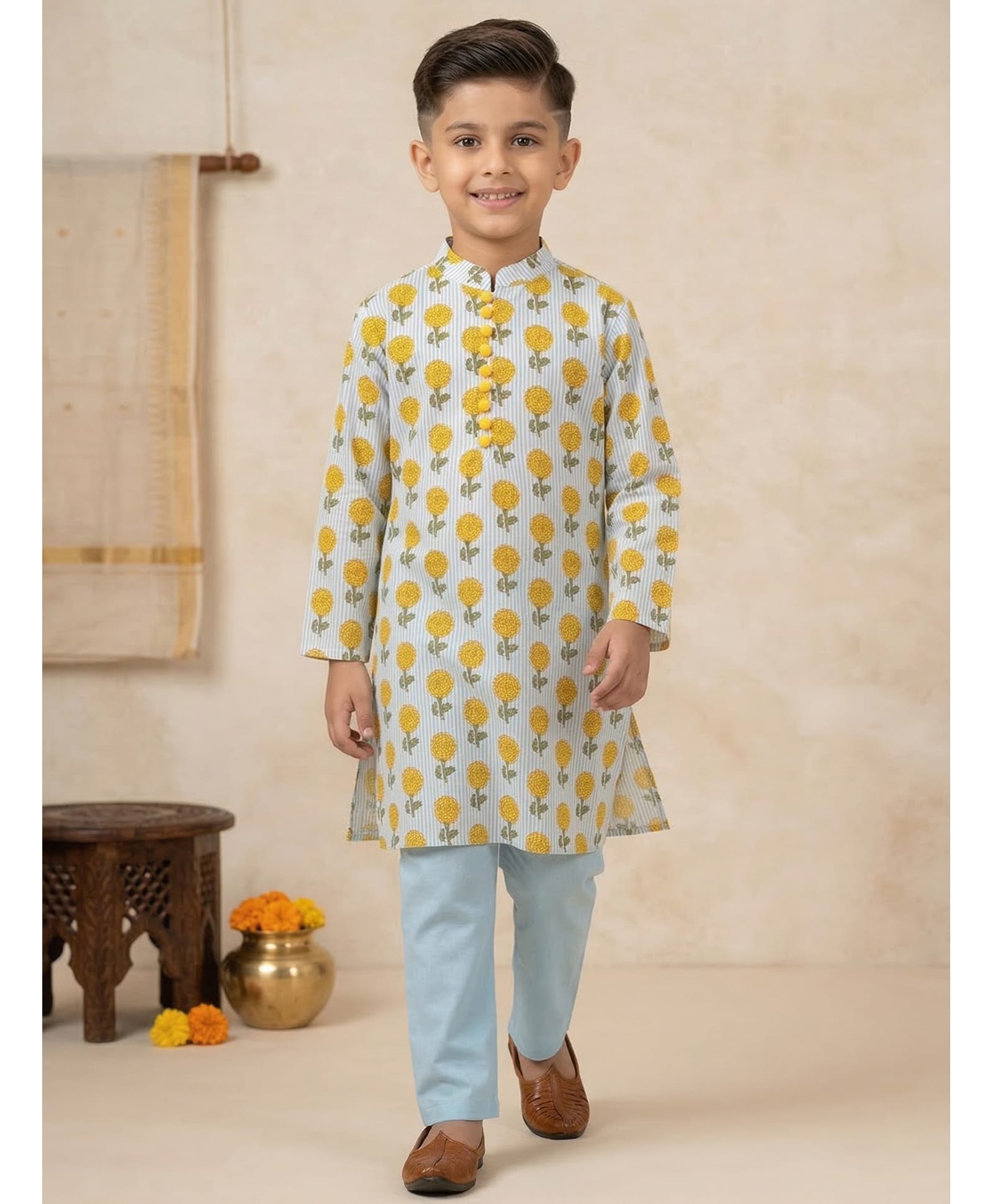 Pspeaches Cambric Woven Full Sleeves Floral Printed Kurta & Pajama Set - Pastel Blue-picture-19