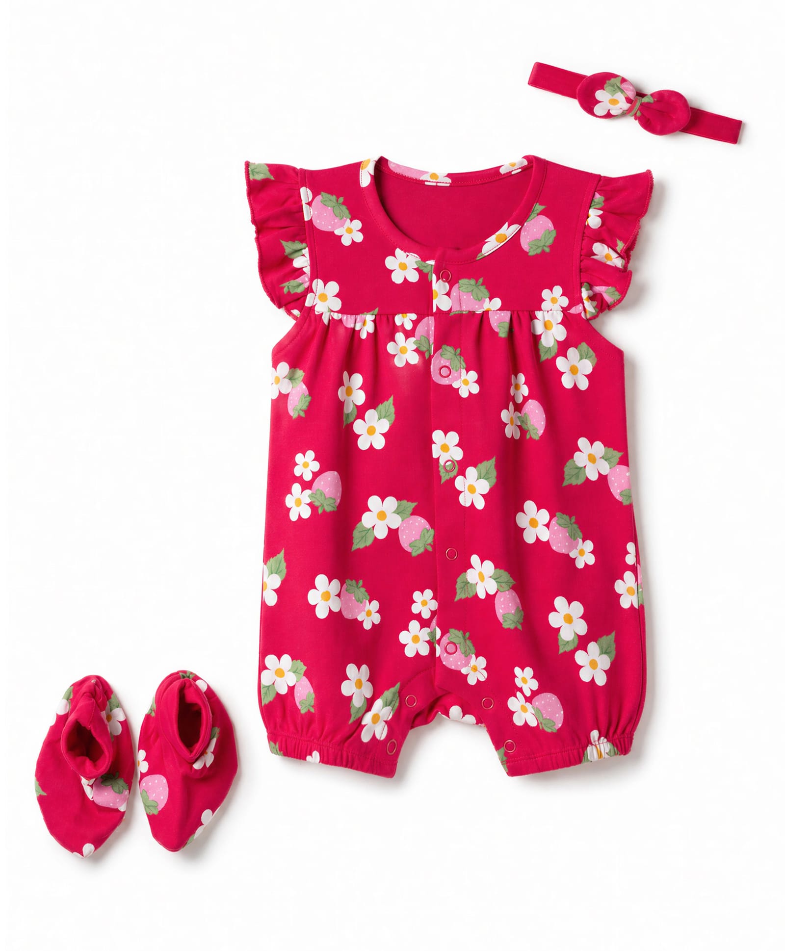 Babyhug 100% Cotton Interlock Knit Half Sleeves Floral Printed Romper with Hairband and Booties - Pink-image-47