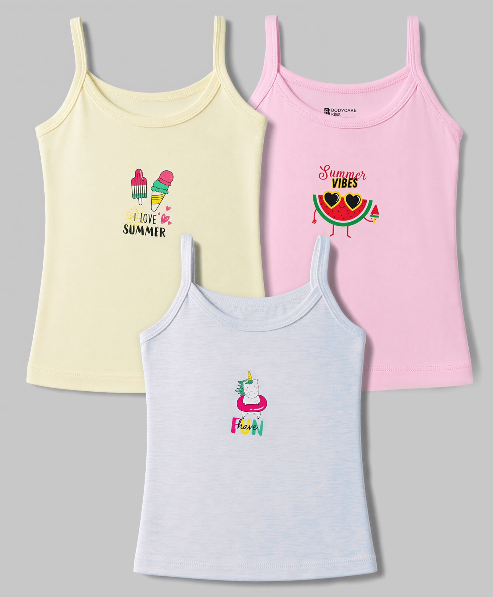 Bodycare Knitted Sleeveless Tropical Theme & Unicorn Printed Slips Assorted Pack Of 3 - Pink Light Blue & Yellow-picture-14