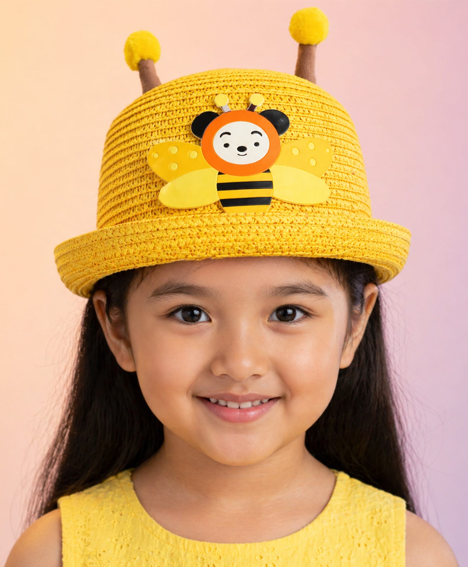 Vritraz Cotton Woven Bee Applique Detailed Bucket Hat - Yellow - Circumference 52-56 Cm-image-43