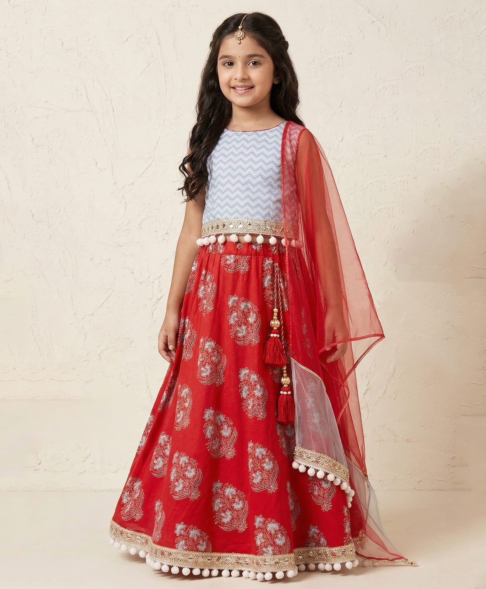 Pspeaches Cambric Woven Sleeveless Lace Embellished Lehenga Choli With Dupatta - Grey & Red-picture-19