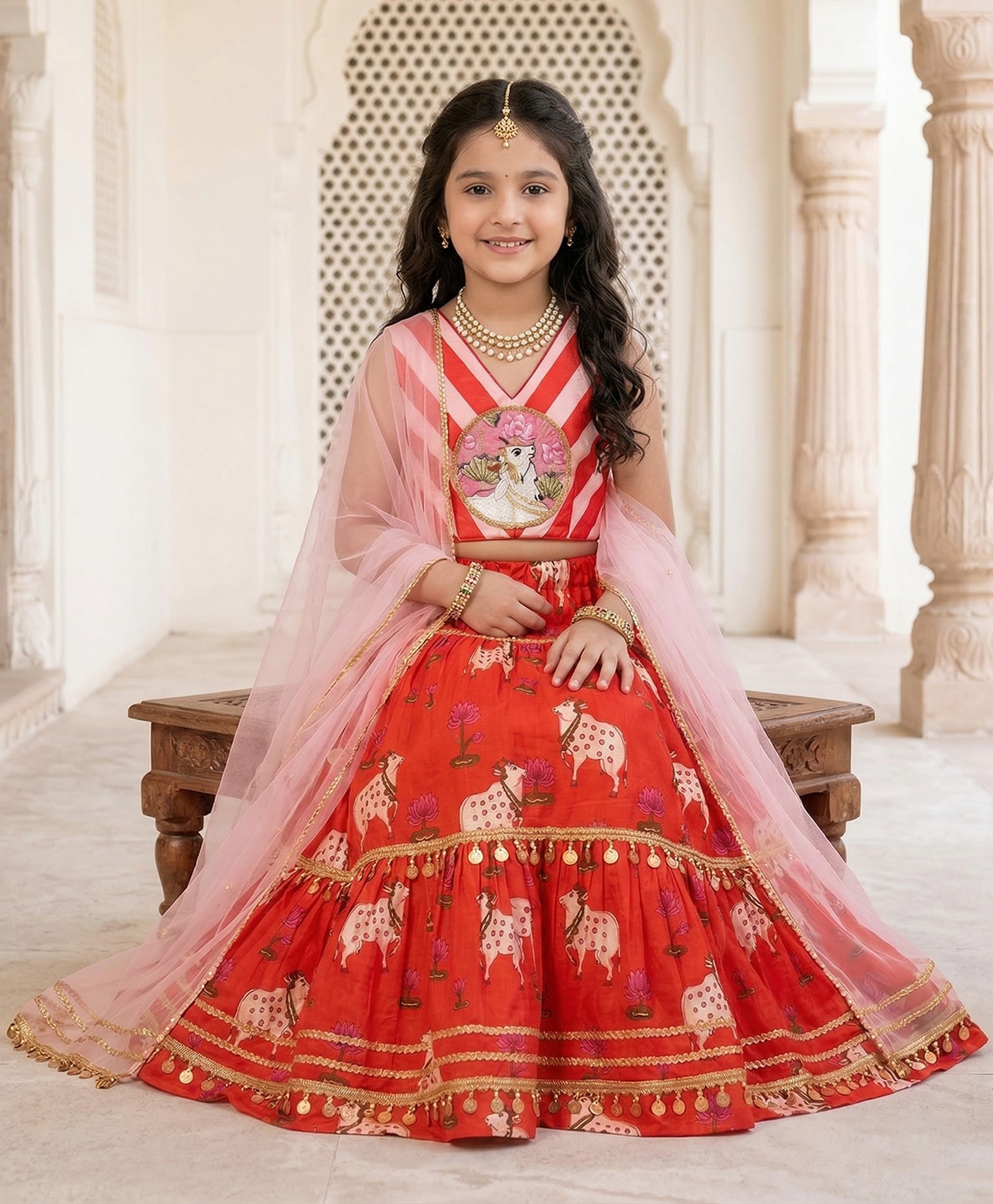Pspeaches Cambric Woven Sleeveless Pichwai Printed Lehenga Choli Set With Dupatta - Orange-picture-20