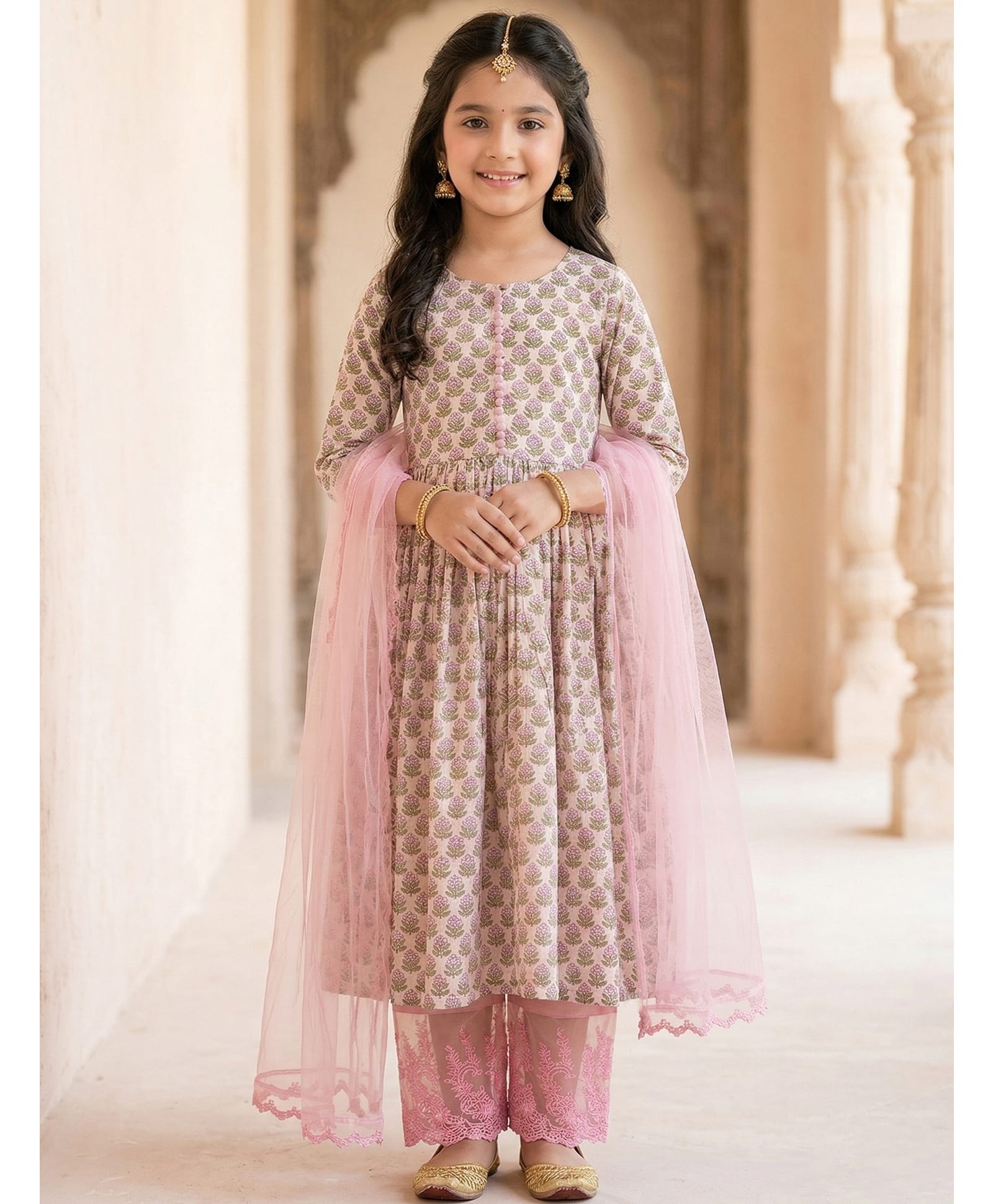 Pspeaches Cambric Woven Three Fourth Sleeves Floral Printed Kurti & Pants With Dupatta - Cream-image-45