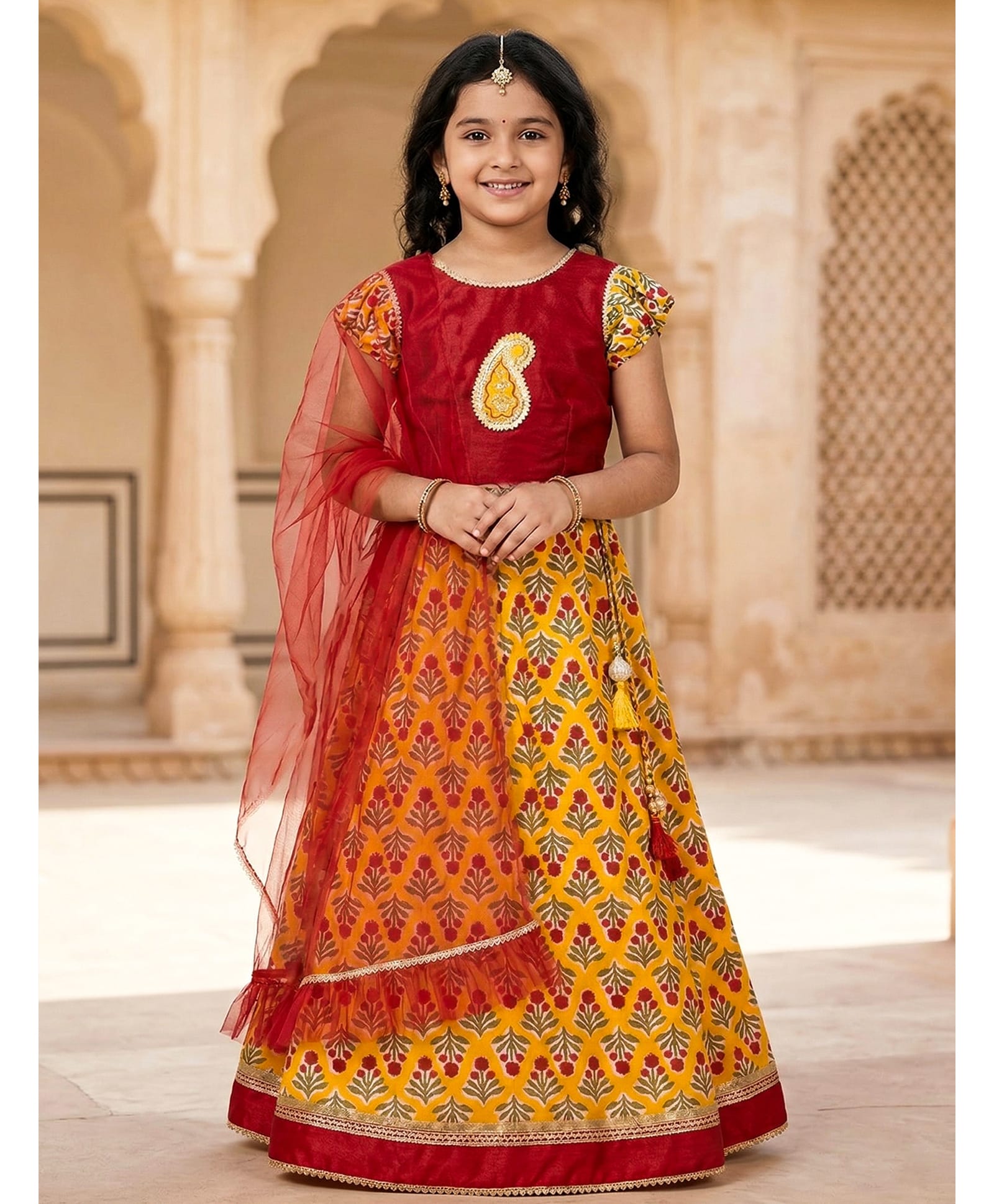 Pspeaches Silk Woven Frill Sleeves Floral Printed Lehenga Choli Set With Dupatta - Red-image-41