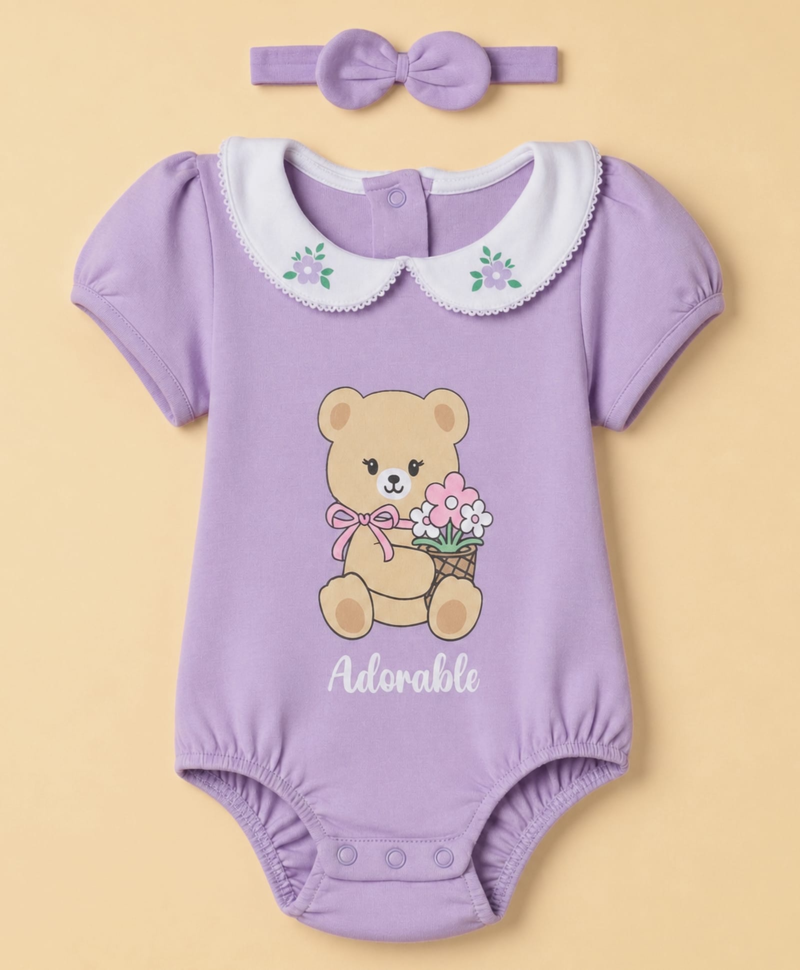Babyhug 100% Cotton Interlock Knit Half Sleeves Teddy Bear & Floral Printed Onesie With Hairdband - Purple-image-24