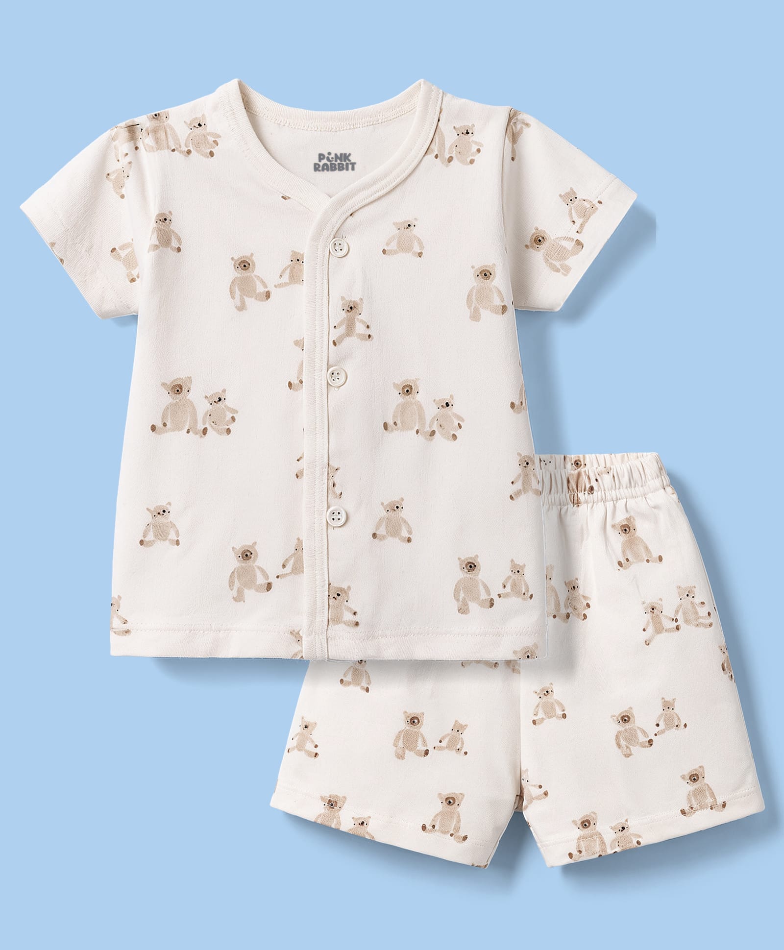 Pink Rabbit Single Jersey Knit Half Sleeves Bear Printed Co-Ords T-Shirt & Shorts Night Suit - Cream-image-46
