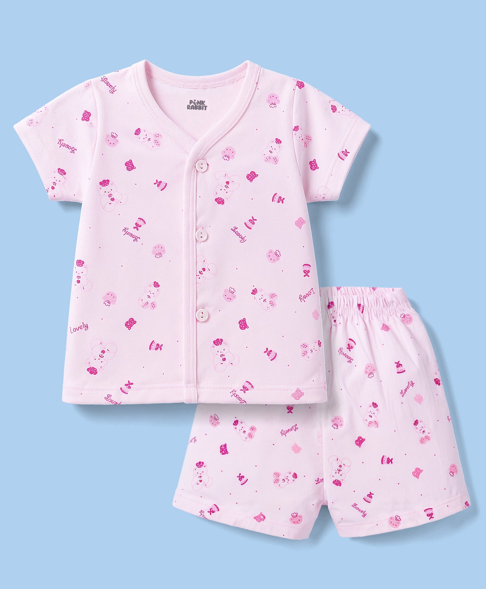 Pink Rabbit Single Jersey Knit Half Sleeves Teddy Bear & Lovely Text Printed Co-Ords T-Shirt & Shorts Night Suit - Pink-image-35