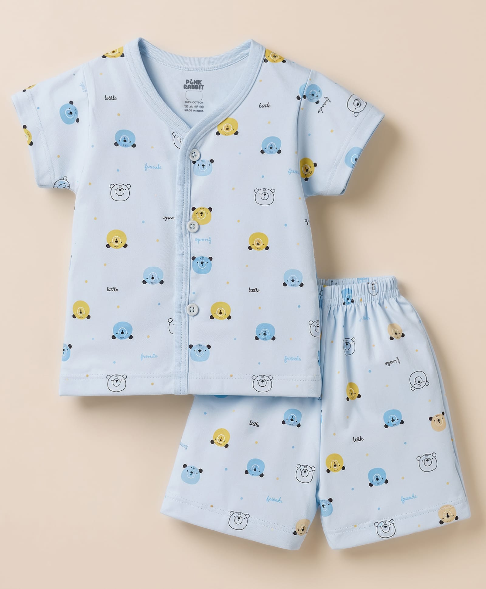 Pink Rabbit Single Jersey Knit Half Sleeves Panda & Text Printed Co-Ords T-Shirt & Shorts Night Suit - Light Blue-image-2