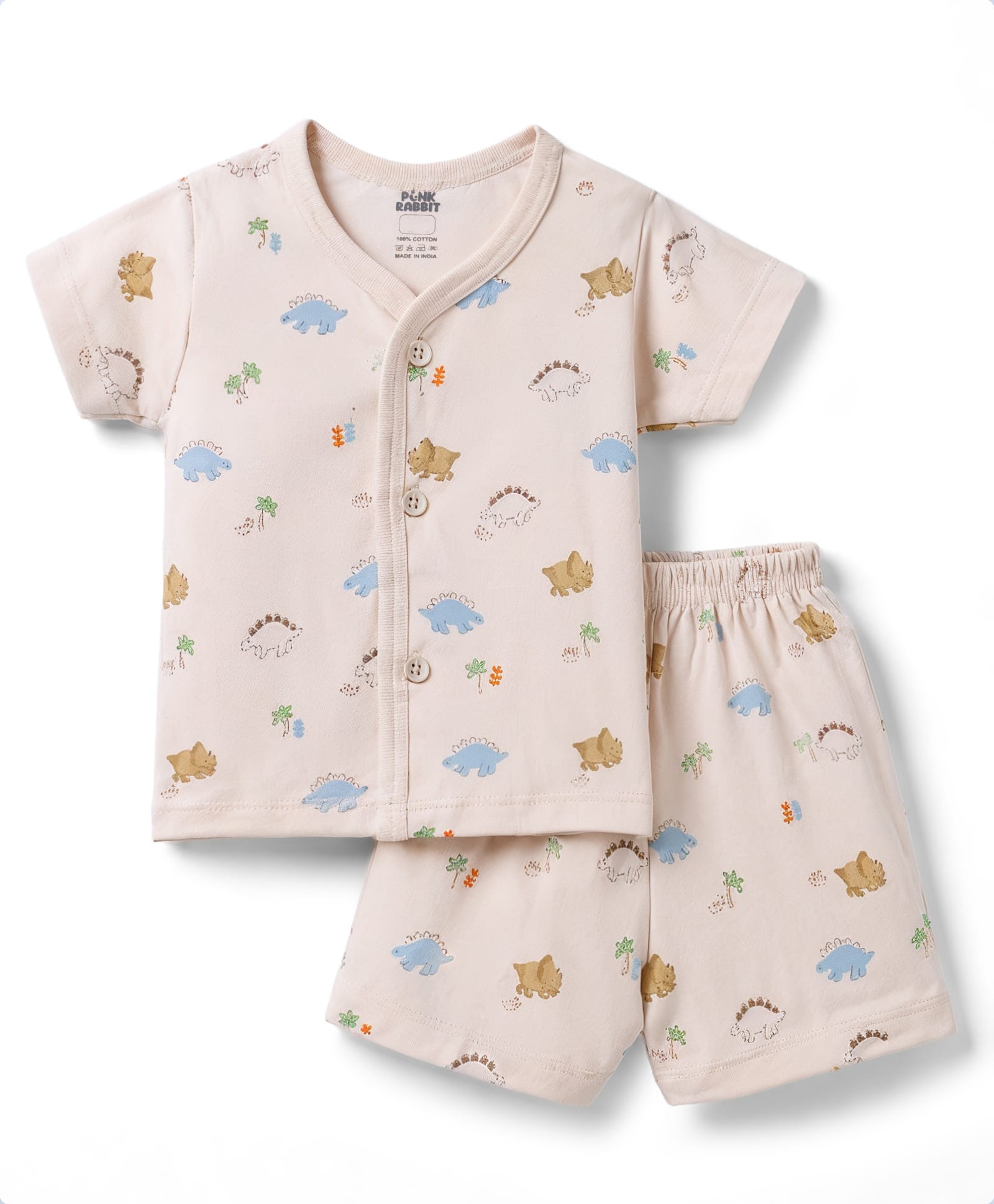 Pink Rabbit Single Jersey Knit Half Sleeves Dino Printed Co-Ords T-Shirt & Shorts Night Suit - Pink & Grey-image-10