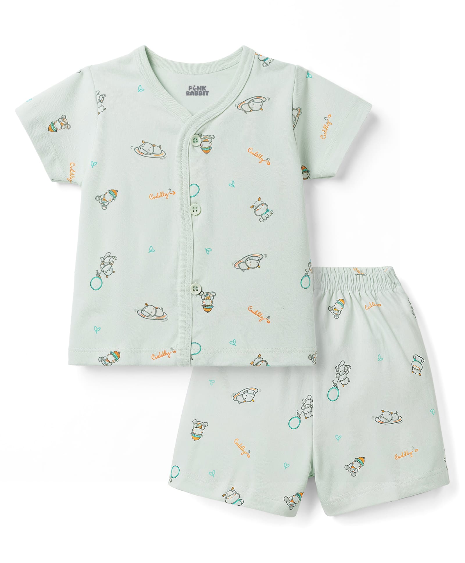 Pink Rabbit Single Jersey Knit Half Sleeves Hippo Printed Co-Ords T-Shirt & Shorts Night Suit - Light Green-picture-38