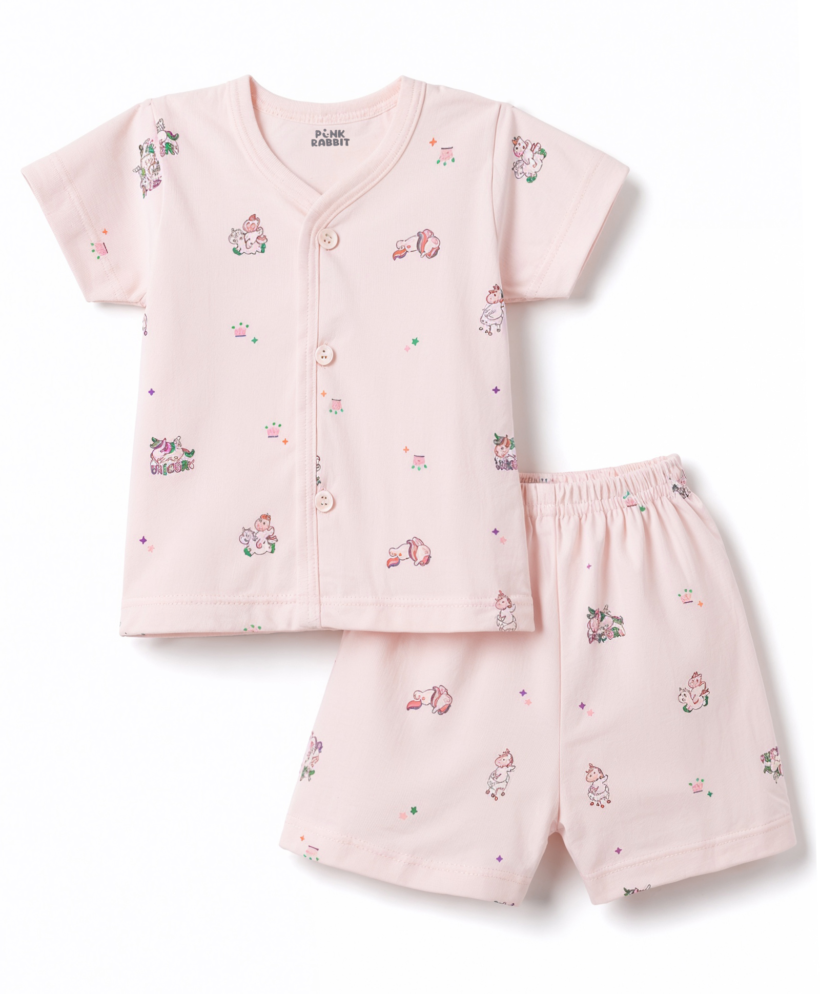 Pink Rabbit Single Jersey Knit Half Sleeves Unicorn Printed Co-Ords T-Shirt & Shorts Night Suit - Light Pink-picture-14
