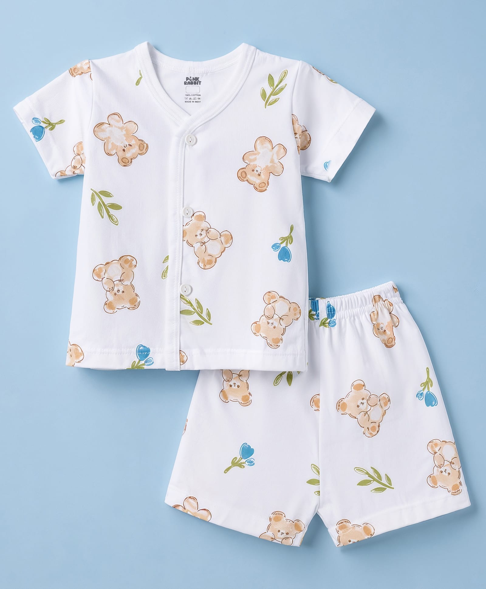 Pink Rabbit Single Jersey Knit Half Sleeves Teddy Bear Printed Co-Ords T-Shirt & Shorts Night Suit - White-picture-47