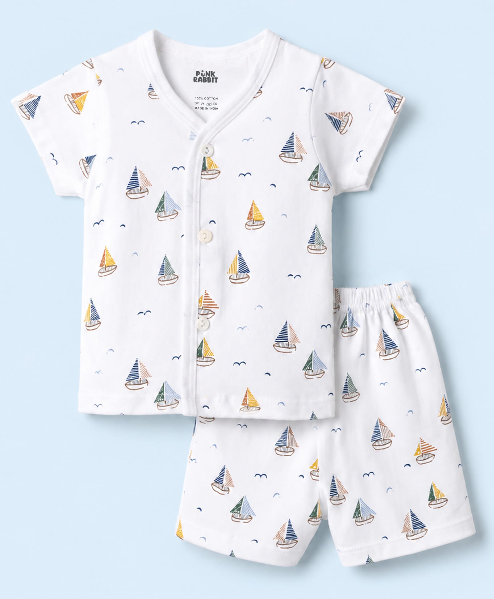 Pink Rabbit Single Jersey Knit Half Sleeves Nautical Thme Printed Co-Ords T-Shirt & Shorts Night Suit - White-picture-17
