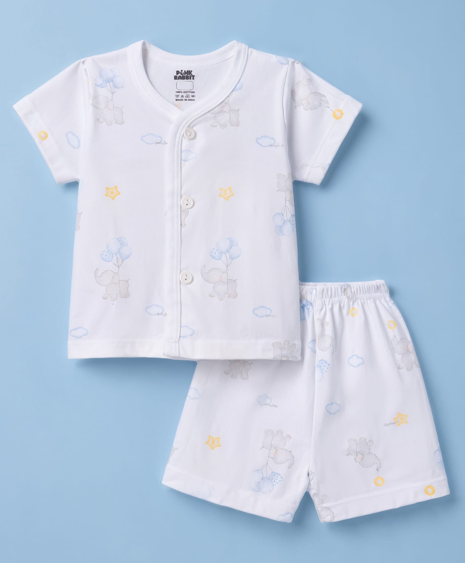 Pink Rabbit Single Jersey Knit Half Sleeves Elephant & Cloud Printed Co-Ords T-Shirt & Shorts Night Suit - White-picture-7